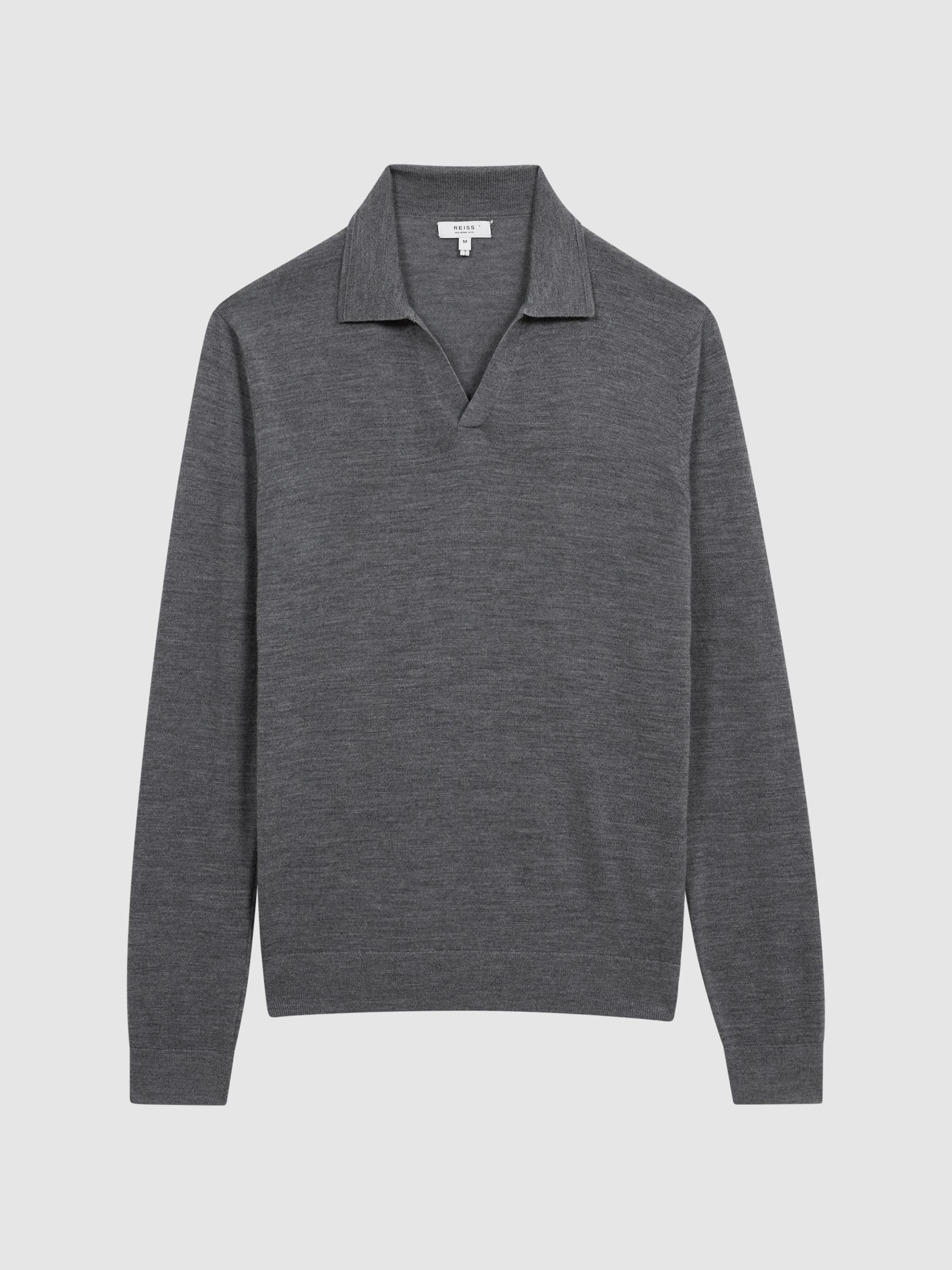 Merino Wool Open Collar Polo Shirt in Mid Grey Melange - Image 2 of 7