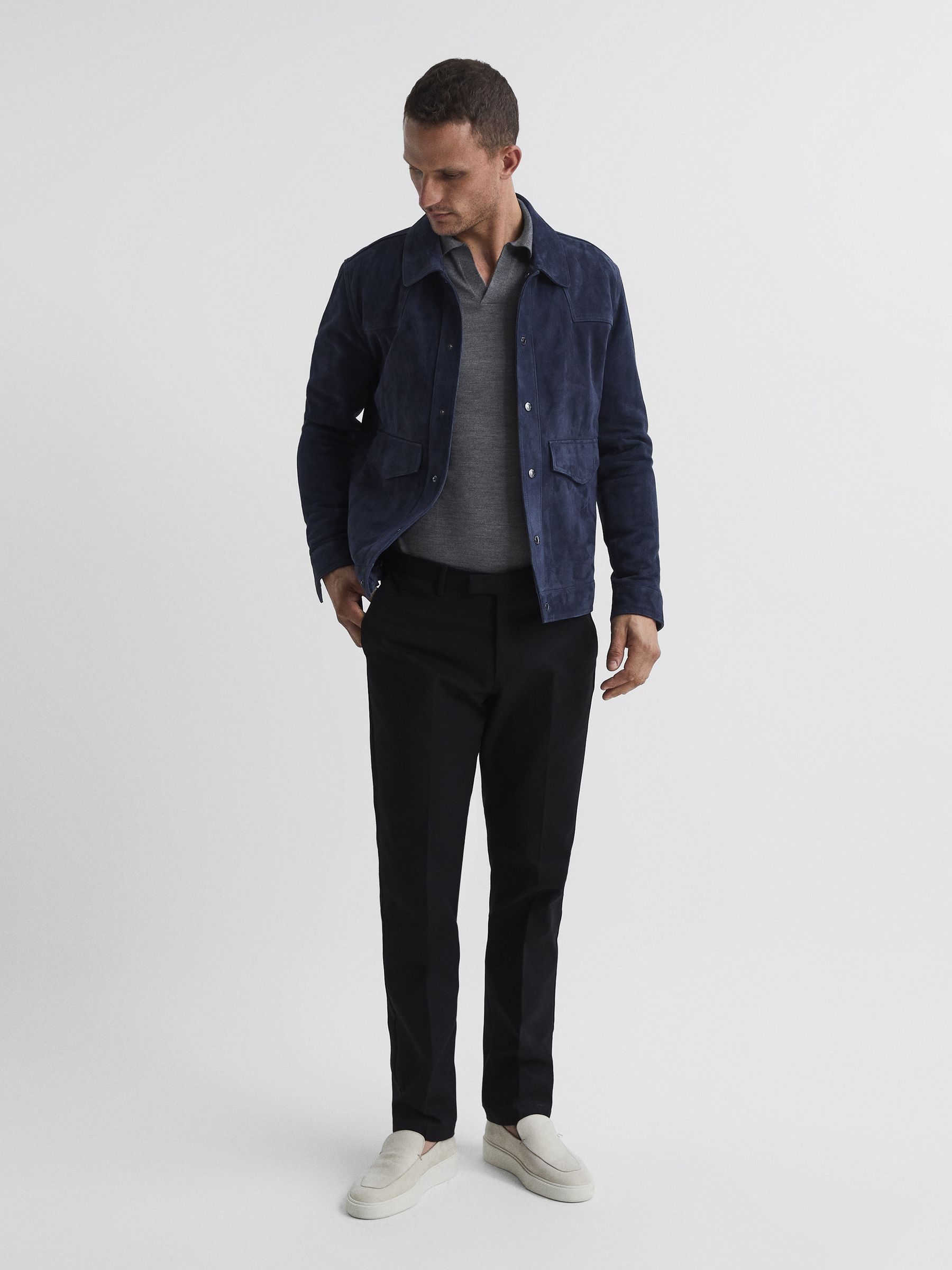 Merino Wool Open Collar Polo Shirt in Mid Grey Melange - Image 3 of 7