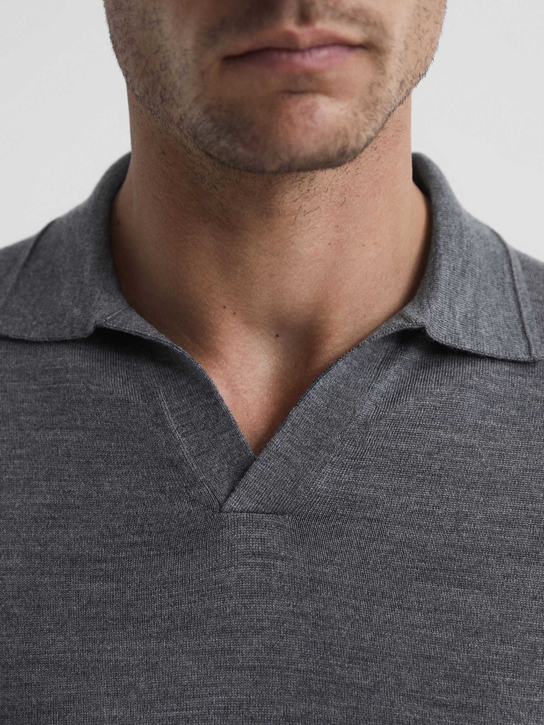Merino Wool Open Collar Polo Shirt in Mid Grey Melange - Image 4 of 7