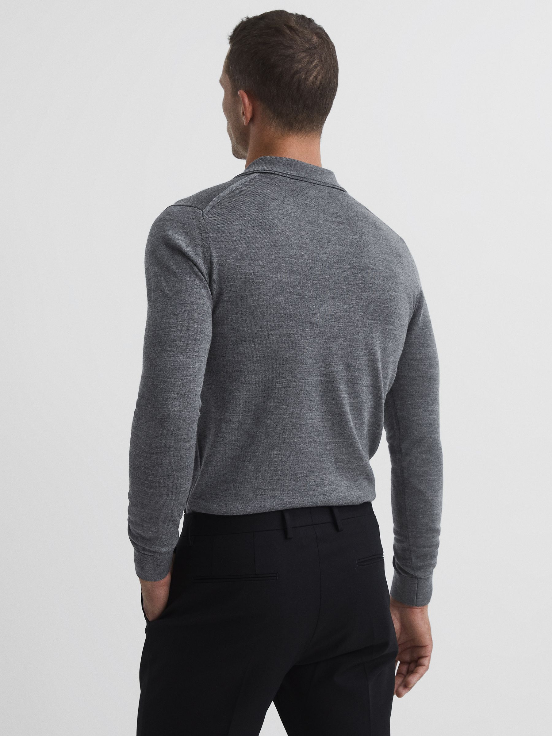 Merino Wool Open Collar Polo Shirt in Mid Grey Melange - Image 5 of 7