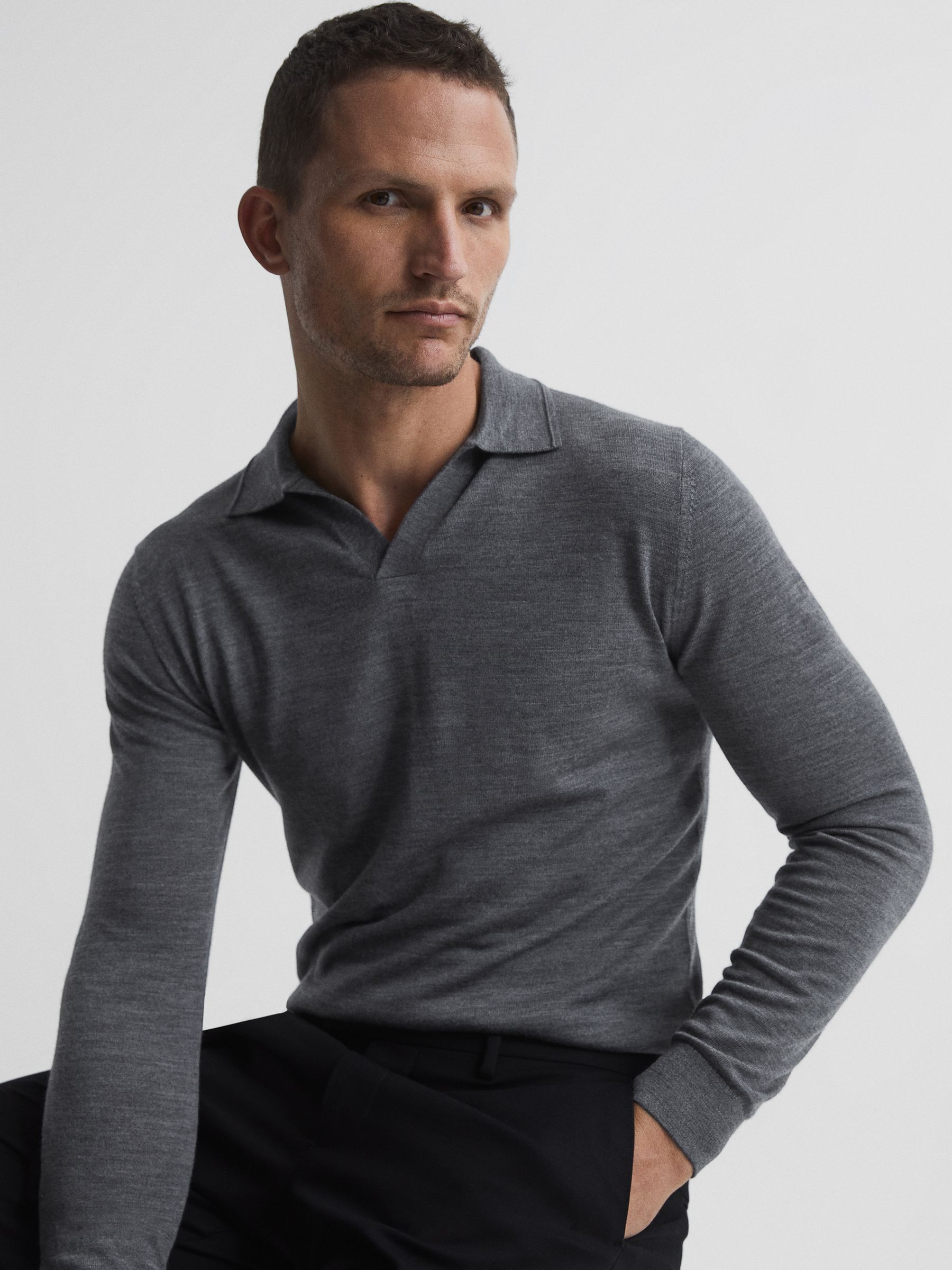 Merino Wool Open Collar Polo Shirt in Mid Grey Melange - Image 6 of 7