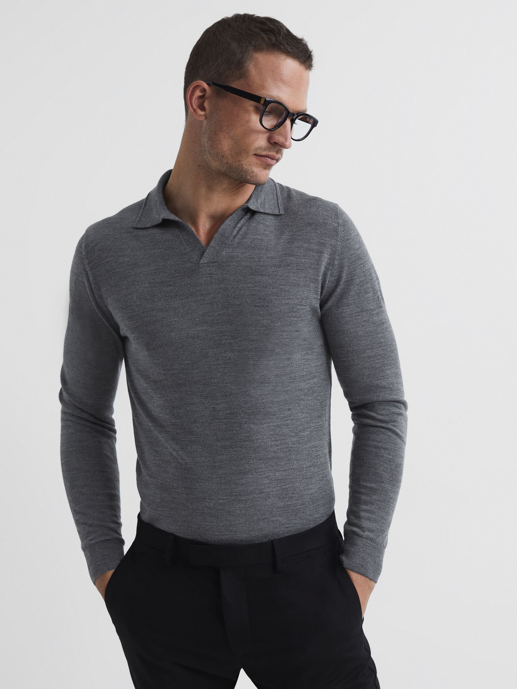 Merino Wool Open Collar Polo Shirt in Mid Grey Melange - Image 7 of 7
