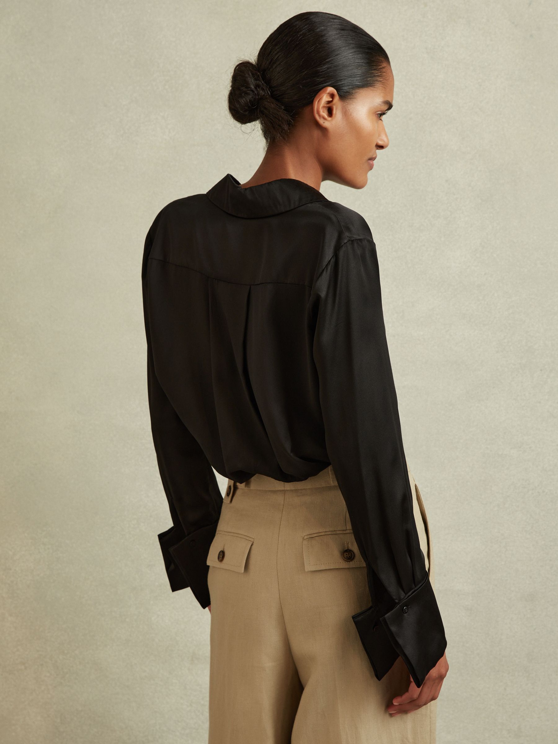 Silk Double-Cuff Button-Through Shirt in Black - Image 5 of 6