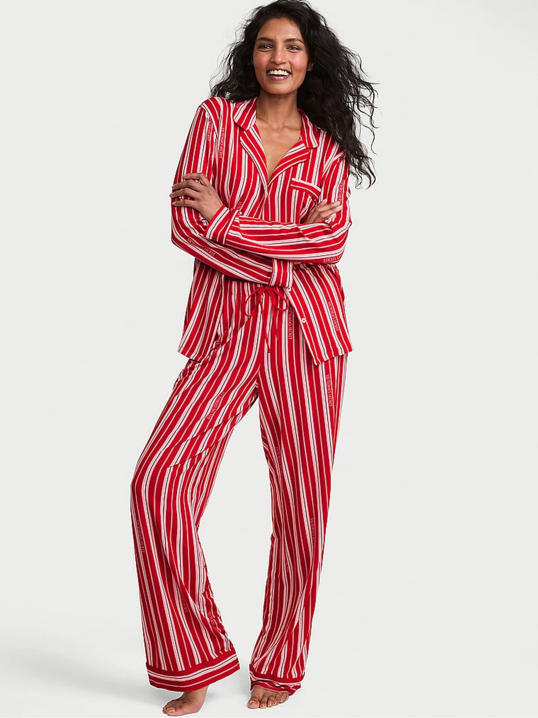 Red & Pink Christmas Candy Cane Stripe Modal Long Pyjamas Set - Image 2 of 4