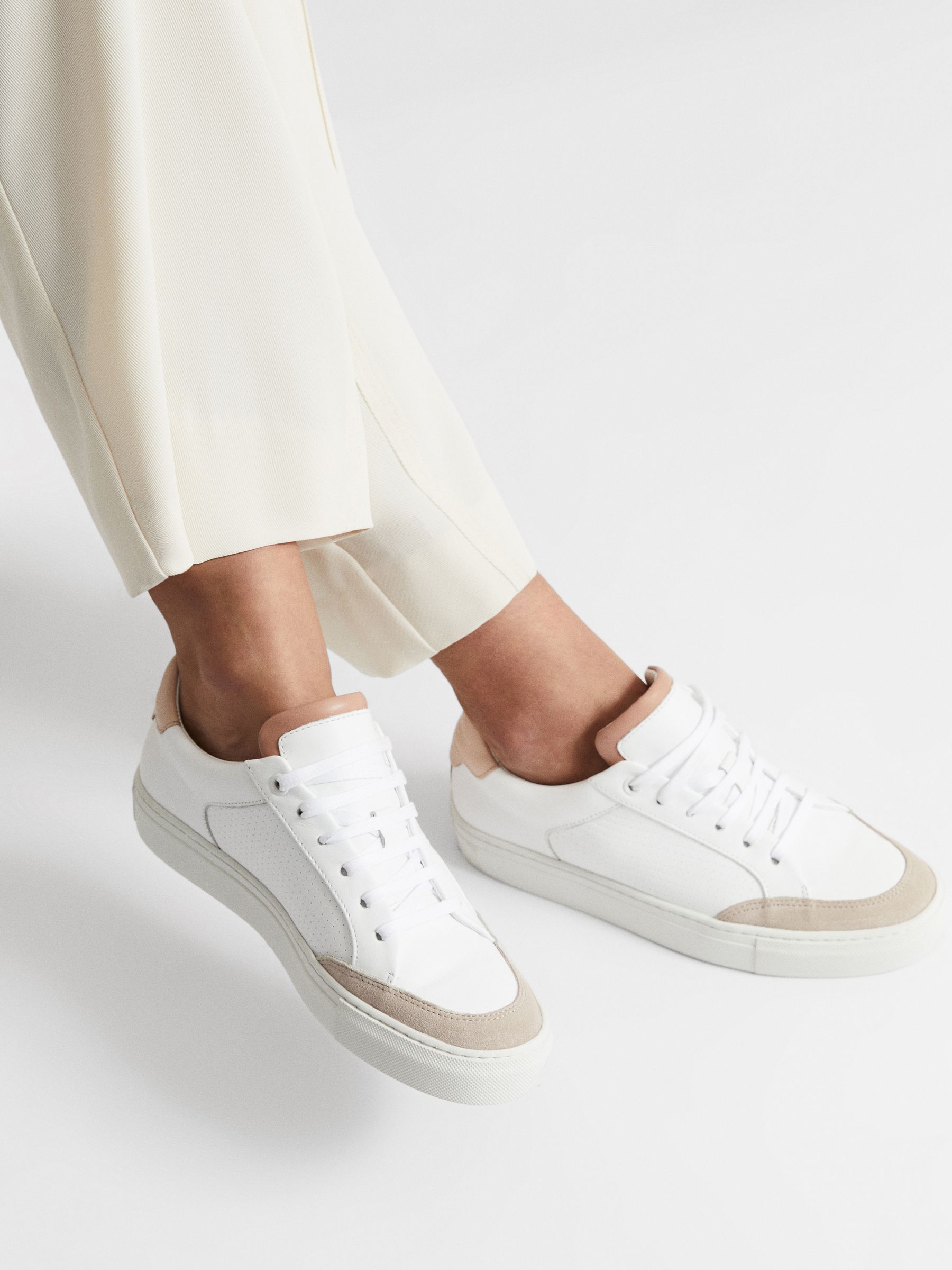 Low Top Leather Trainers in White/Mineral Pink - Image 2 of 9