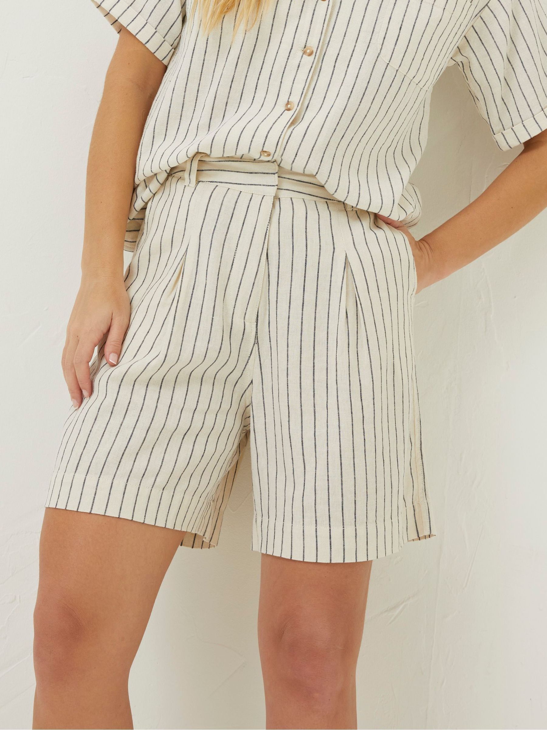 Cream Deal A-Line Stripe Linen Shorts - Image 1 of 5