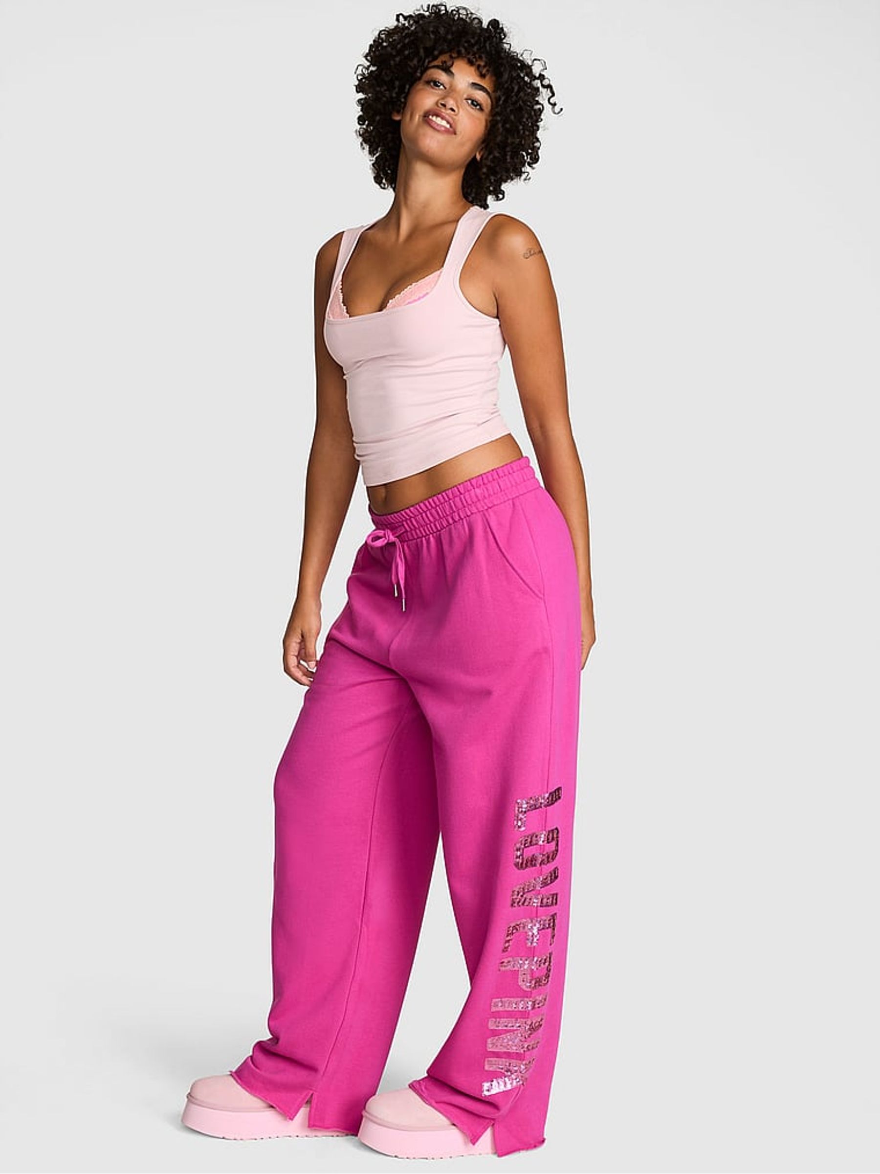 Fire Sequin Wide Leg Fleece Joggers - Image 1 of 3 Fire Sequin Wide Leg Fleece Joggers - Image 1 of 3