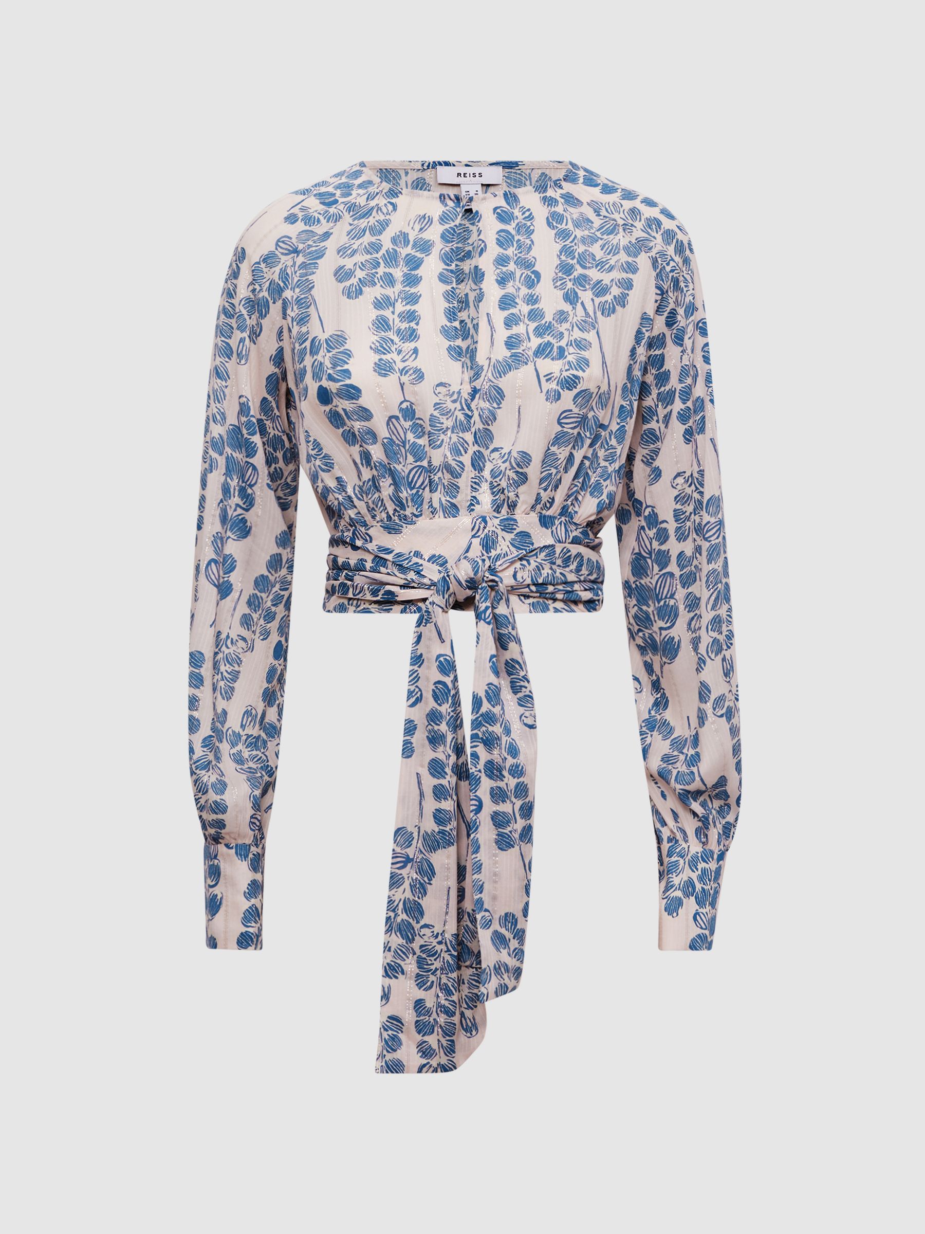 Cropped Printed Belted Blouse in Pink/Blue - Image 2 of 4