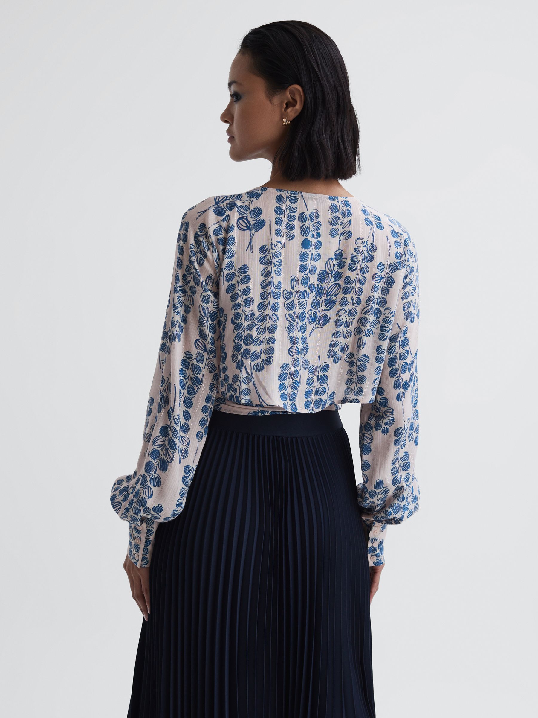 Cropped Printed Belted Blouse in Pink/Blue - Image 4 of 4