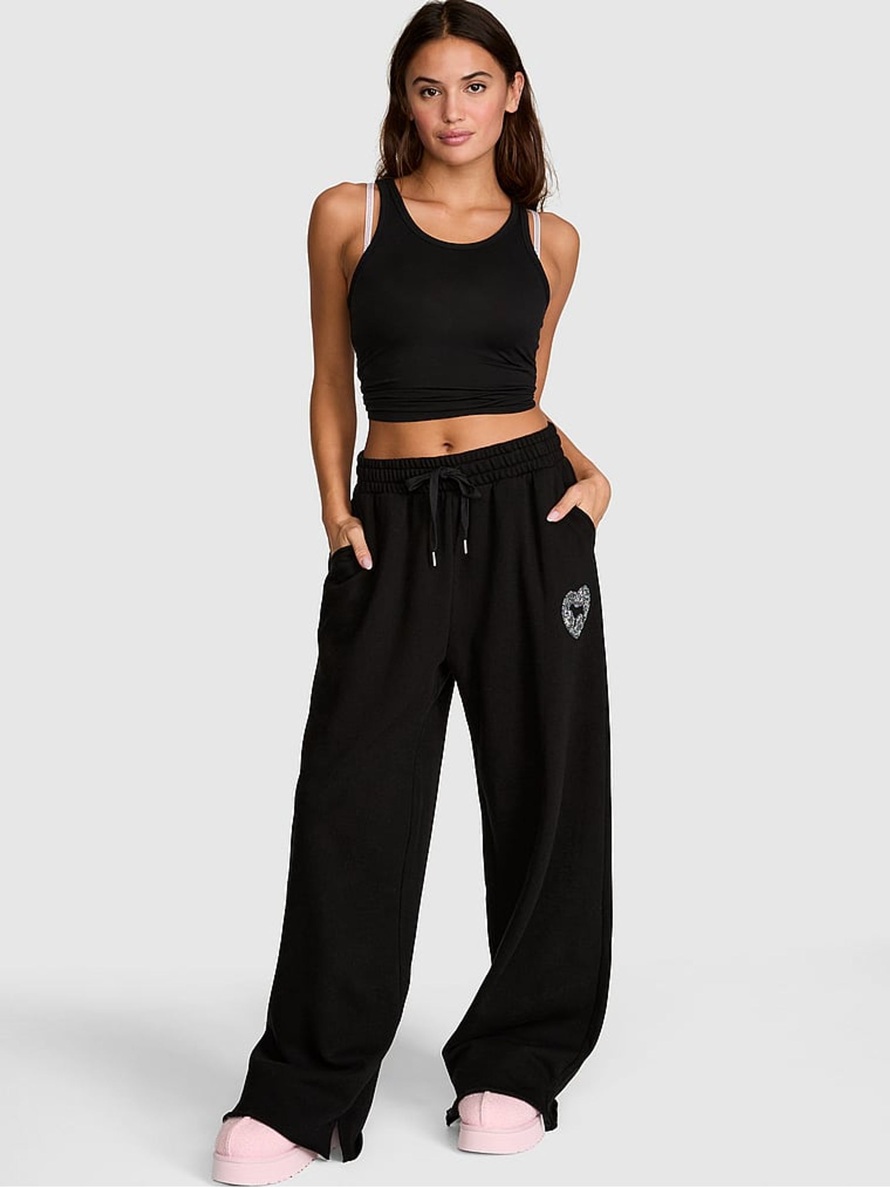 Black Sequin Wide Leg Fleece Joggers - Image 1 of 2 Black Sequin Wide Leg Fleece Joggers - Image 1 of 2
