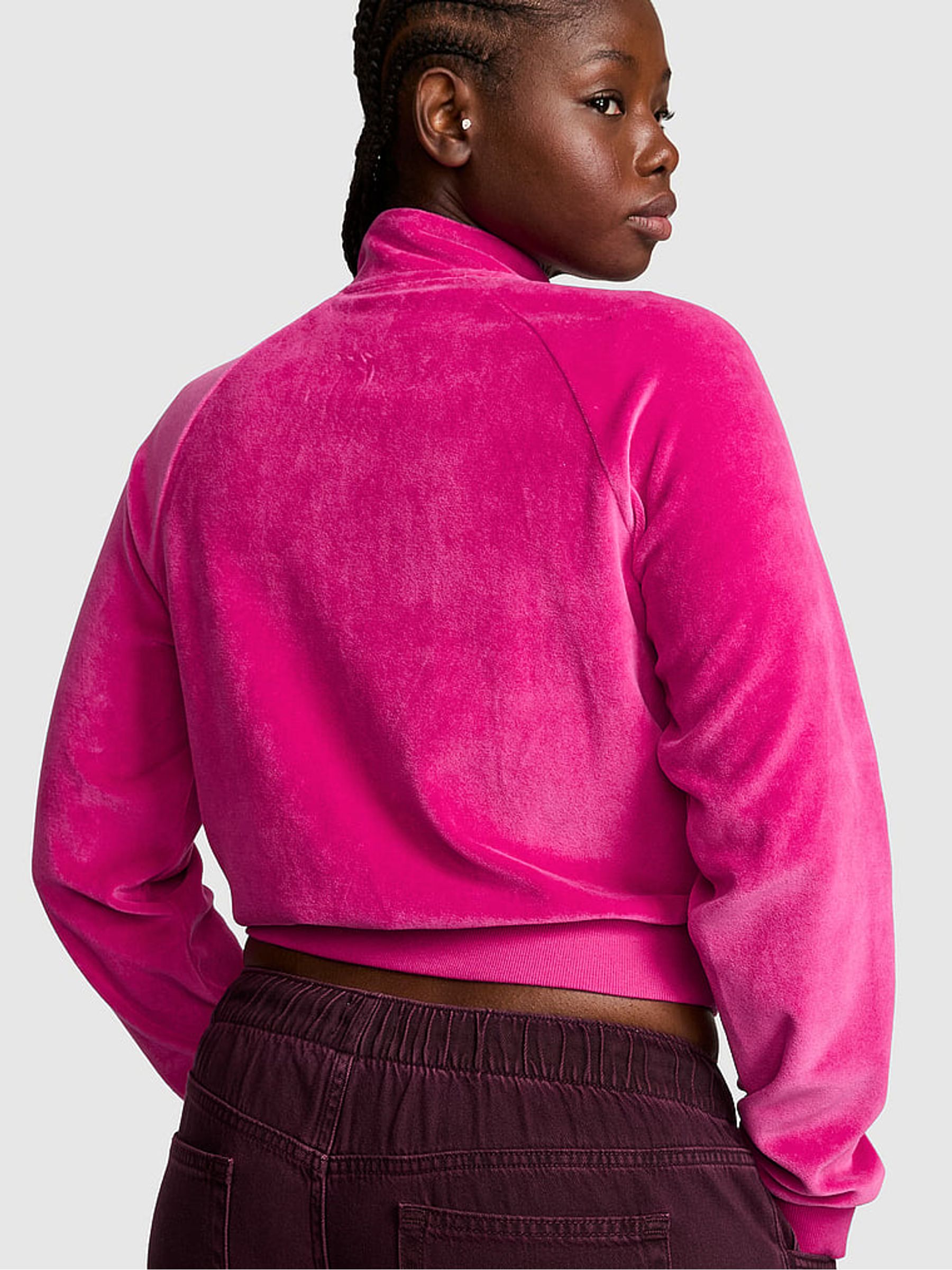 Pink Fire Velour Shrunken Mock Neck Full Zip Sweat Tops - Image 2 of 2 Pink Fire Velour Shrunken Mock Neck Full Zip Sweat Tops - Image 2 of 2