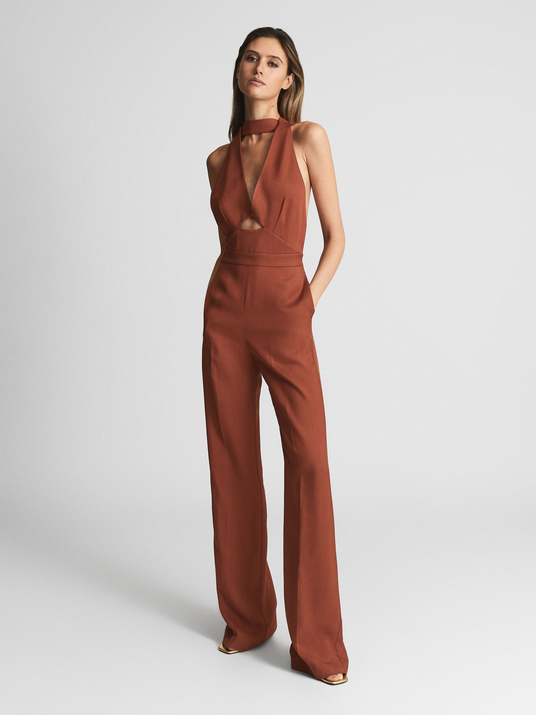 Cut Out Halter Jumpsuit in Rust - Image 1 of 7