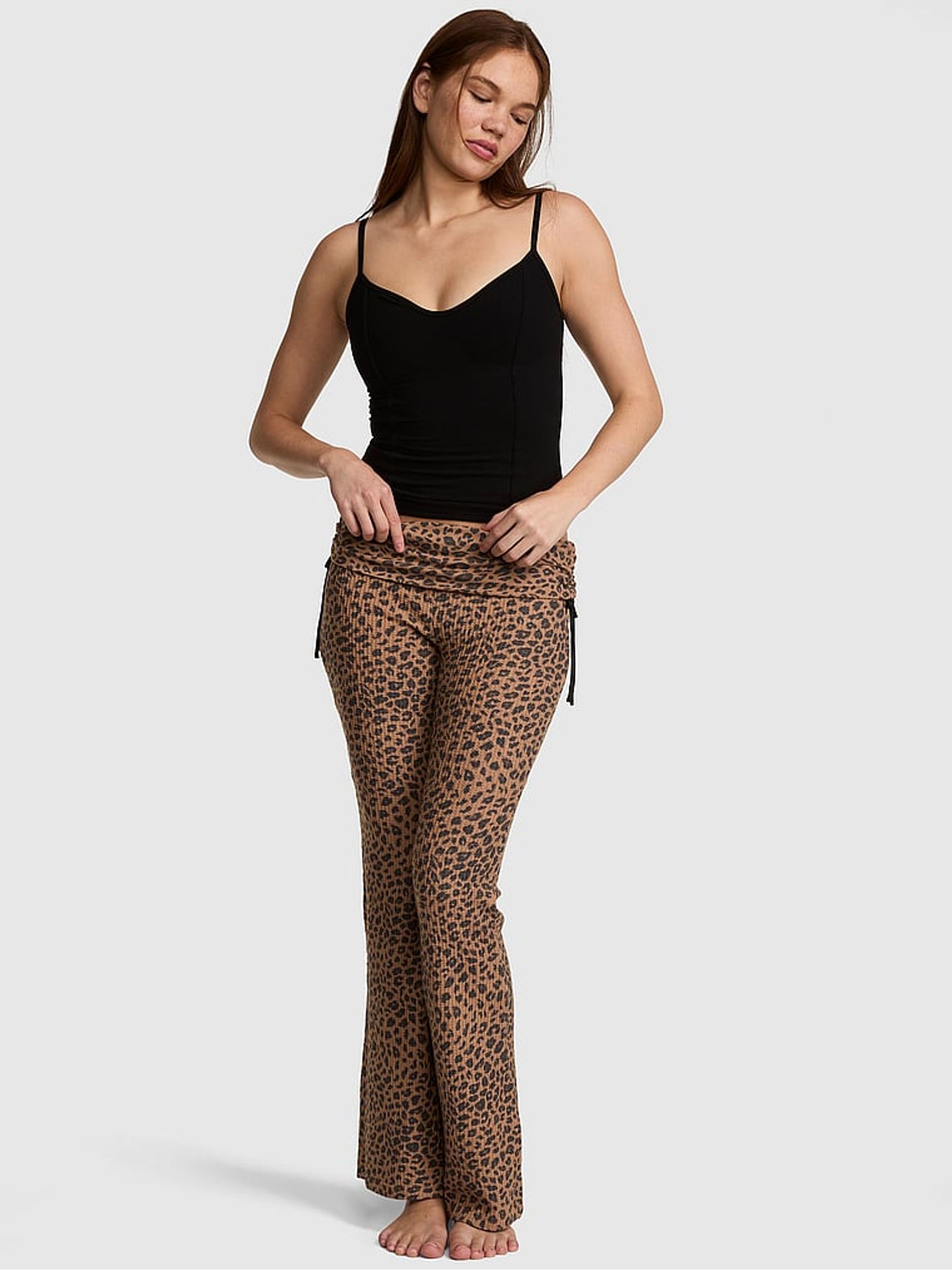 Brown Leopard Long Waffle Foldover Pyjama Bottoms - Image 1 of 2 Brown Leopard Long Waffle Foldover Pyjama Bottoms - Image 1 of 2