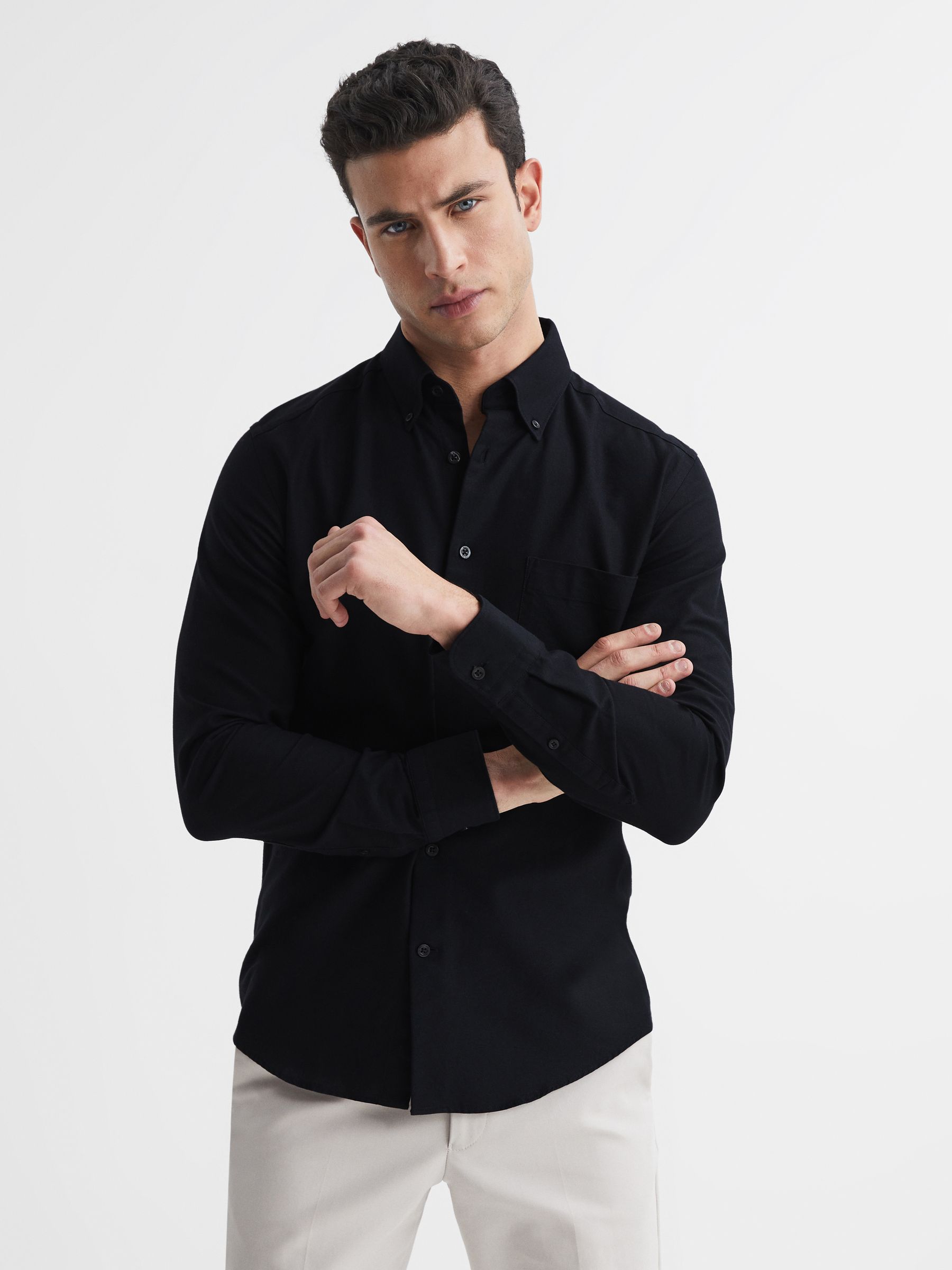 Slim Fit Cotton Oxford Shirt in Black - Image 1 of 8