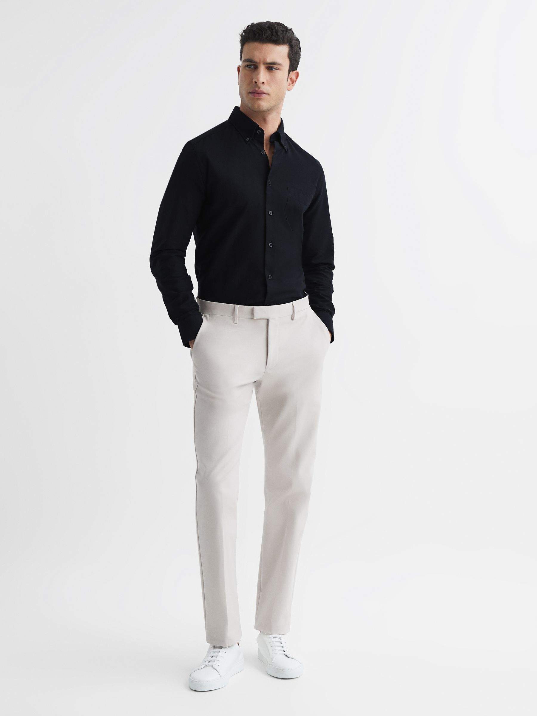 Slim Fit Cotton Oxford Shirt in Black - Image 3 of 8