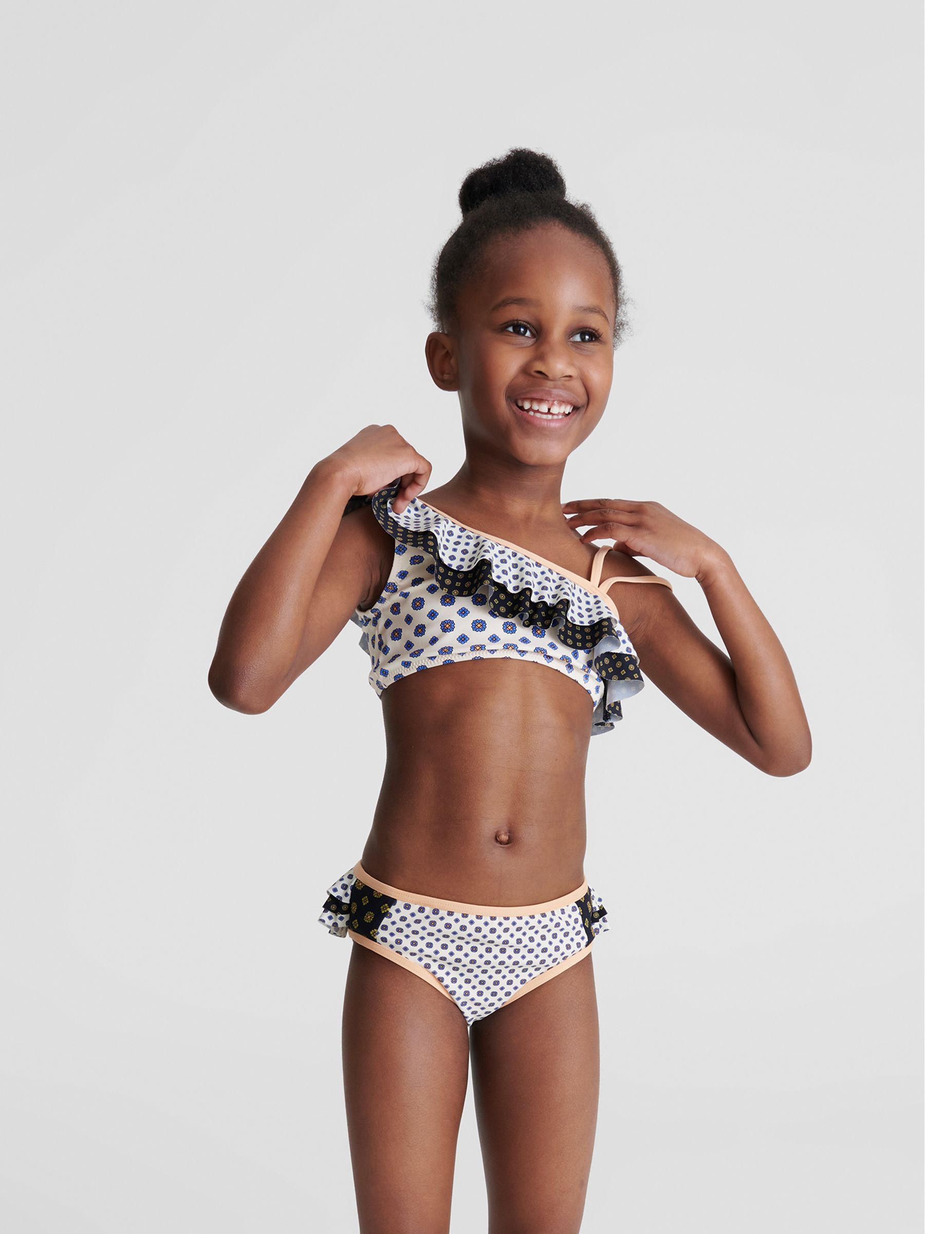 Ruffle Shoulder Print Bikini in Blue - Image 1 of 6