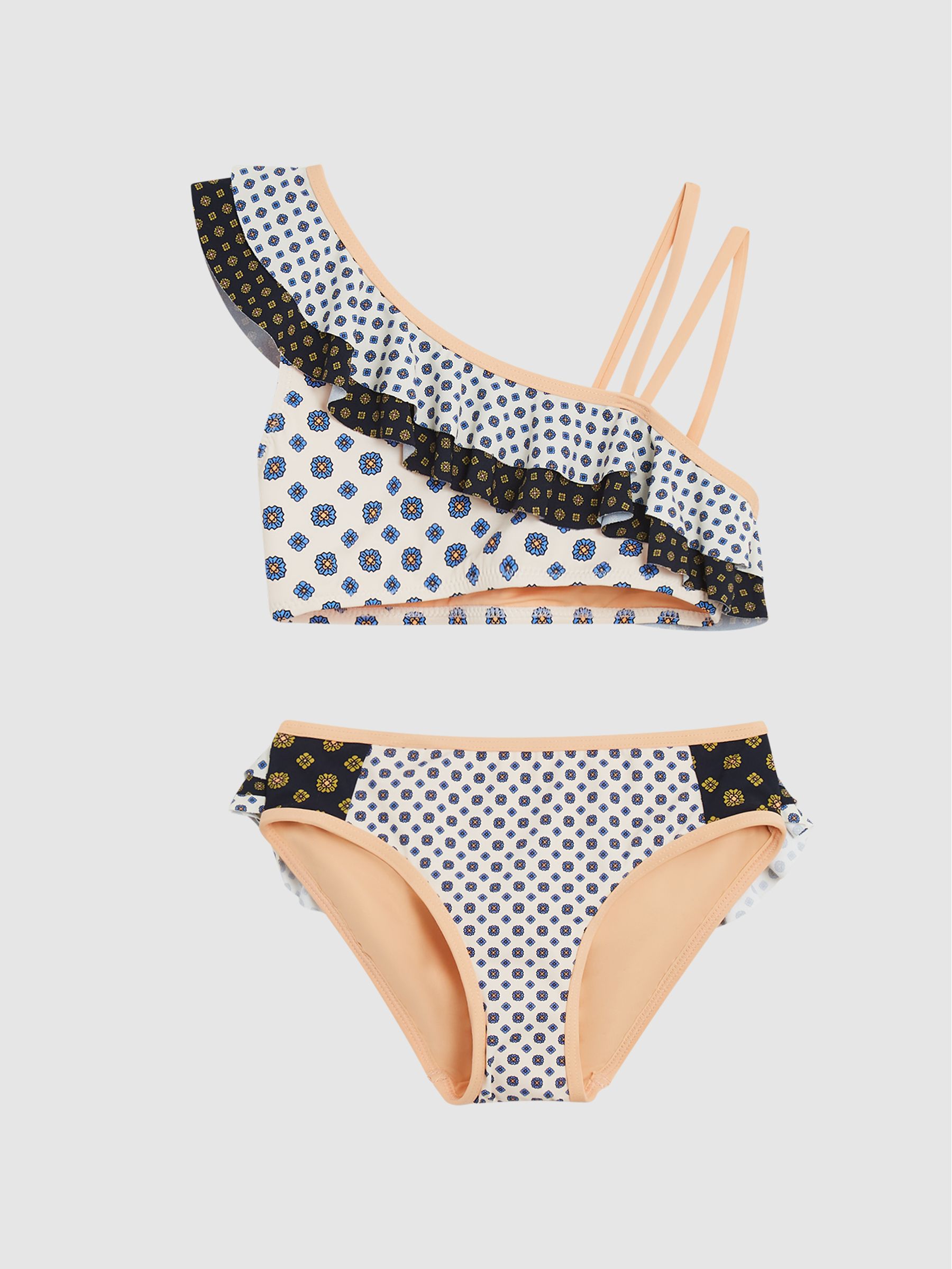 Ruffle Shoulder Print Bikini in Blue - Image 2 of 6 Ruffle Shoulder Print Bikini in Blue - Image 2 of 6