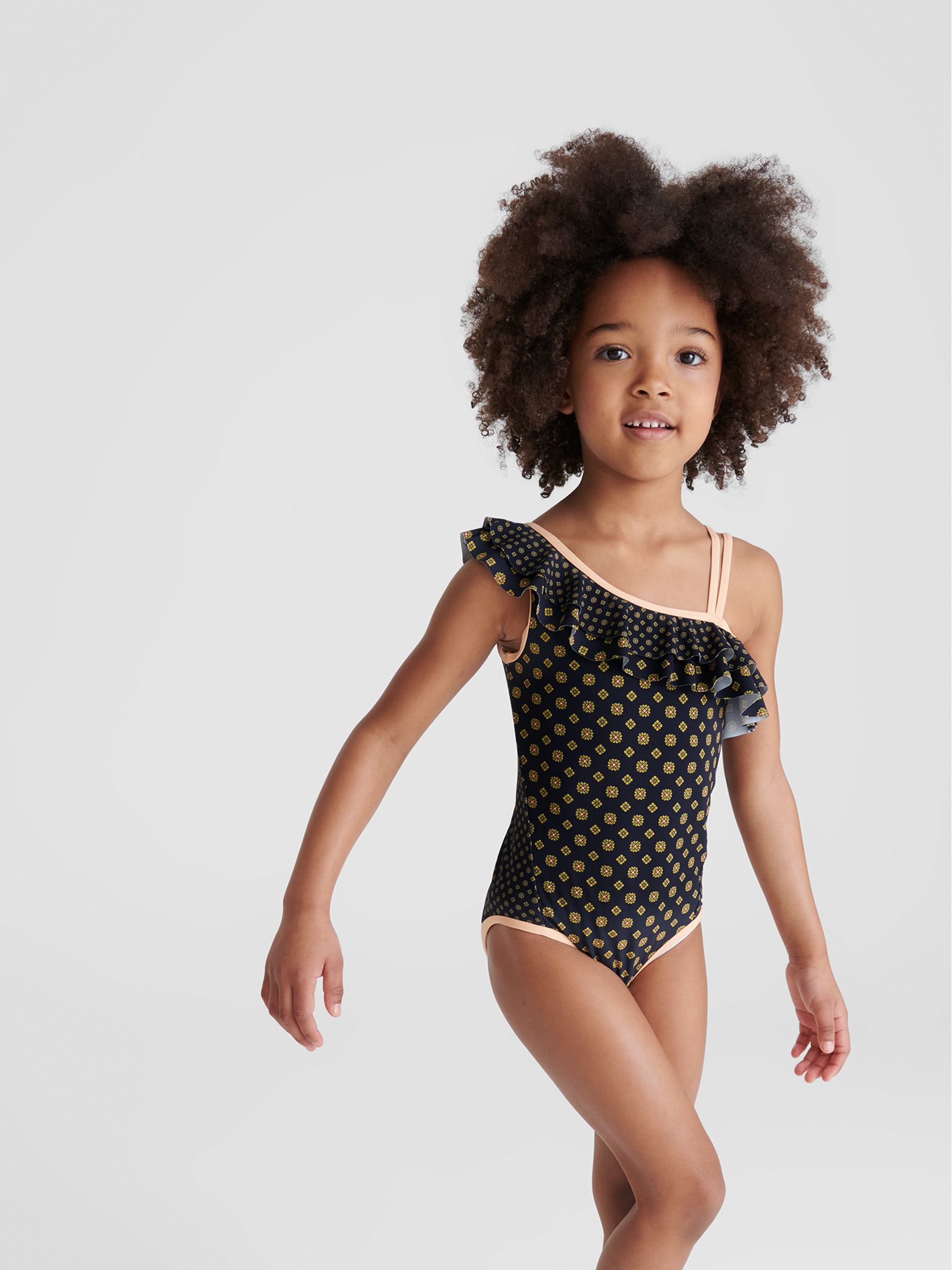 Ruffle Shoulder Print Swimsuit in Blue - Image 1 of 7