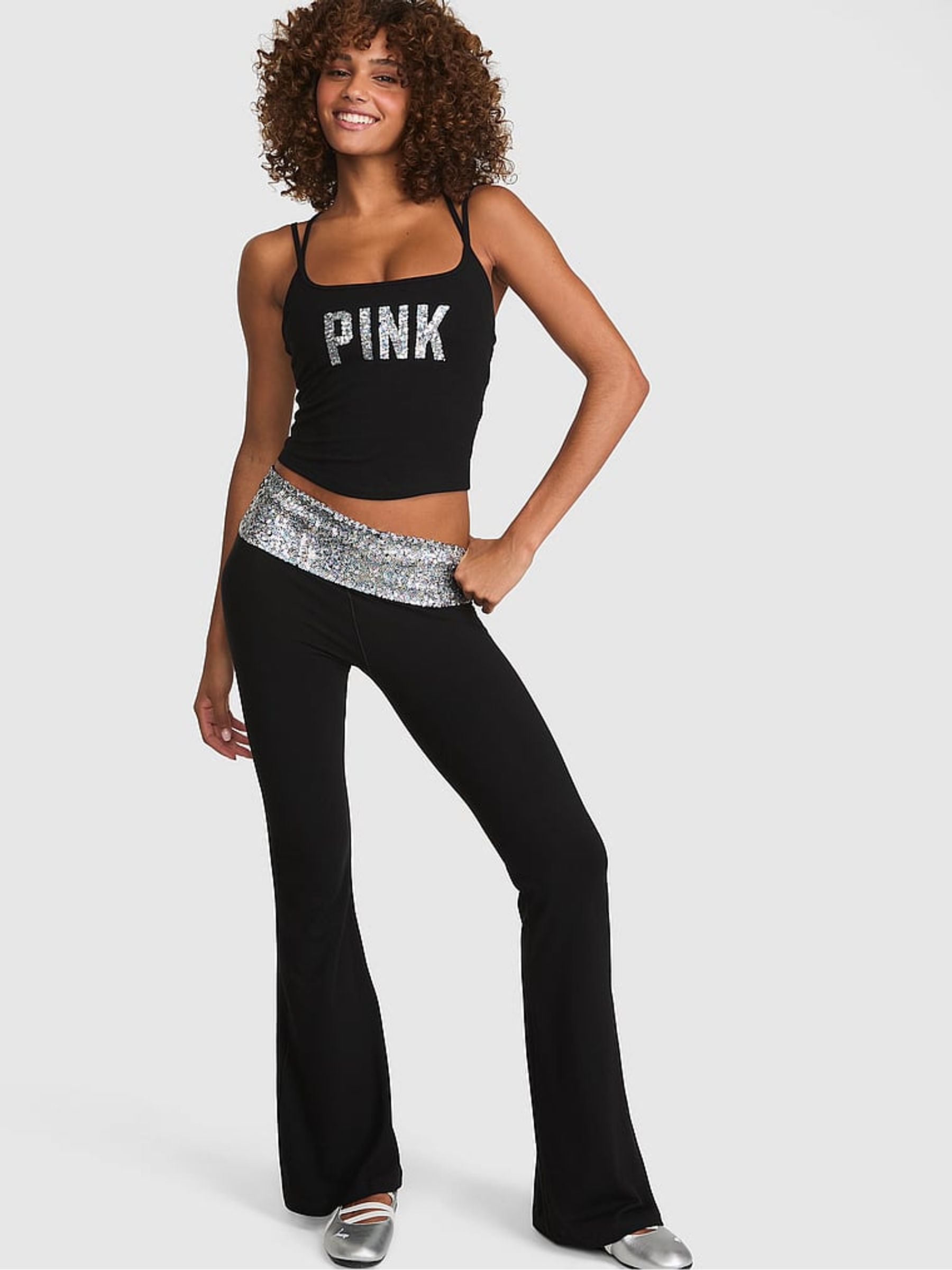 Black Sequin Cotton Foldover Leggings - Image 1 of 2