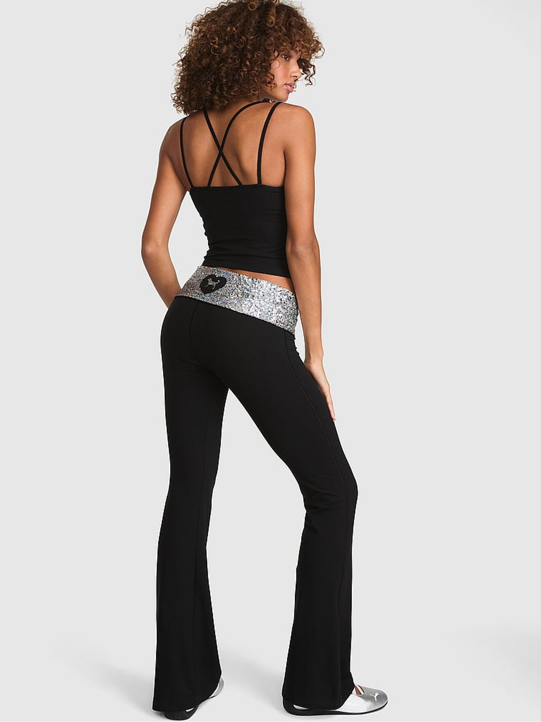 Black Sequin Cotton Foldover Leggings - Image 2 of 2