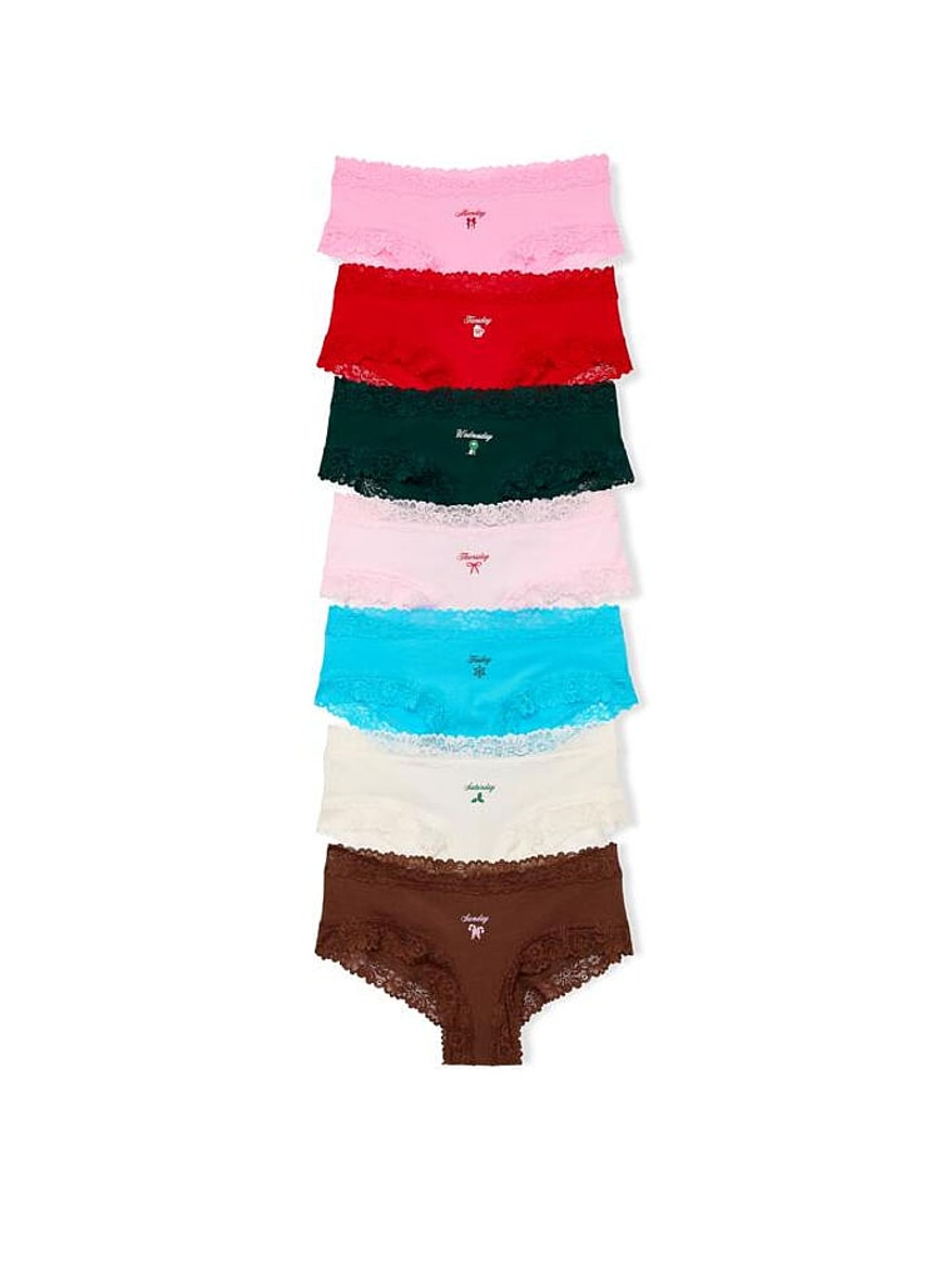 Pink/Red/Green/Blue/White/Brown 7 Pack Lace Trim Knickers - Image 1 of 1