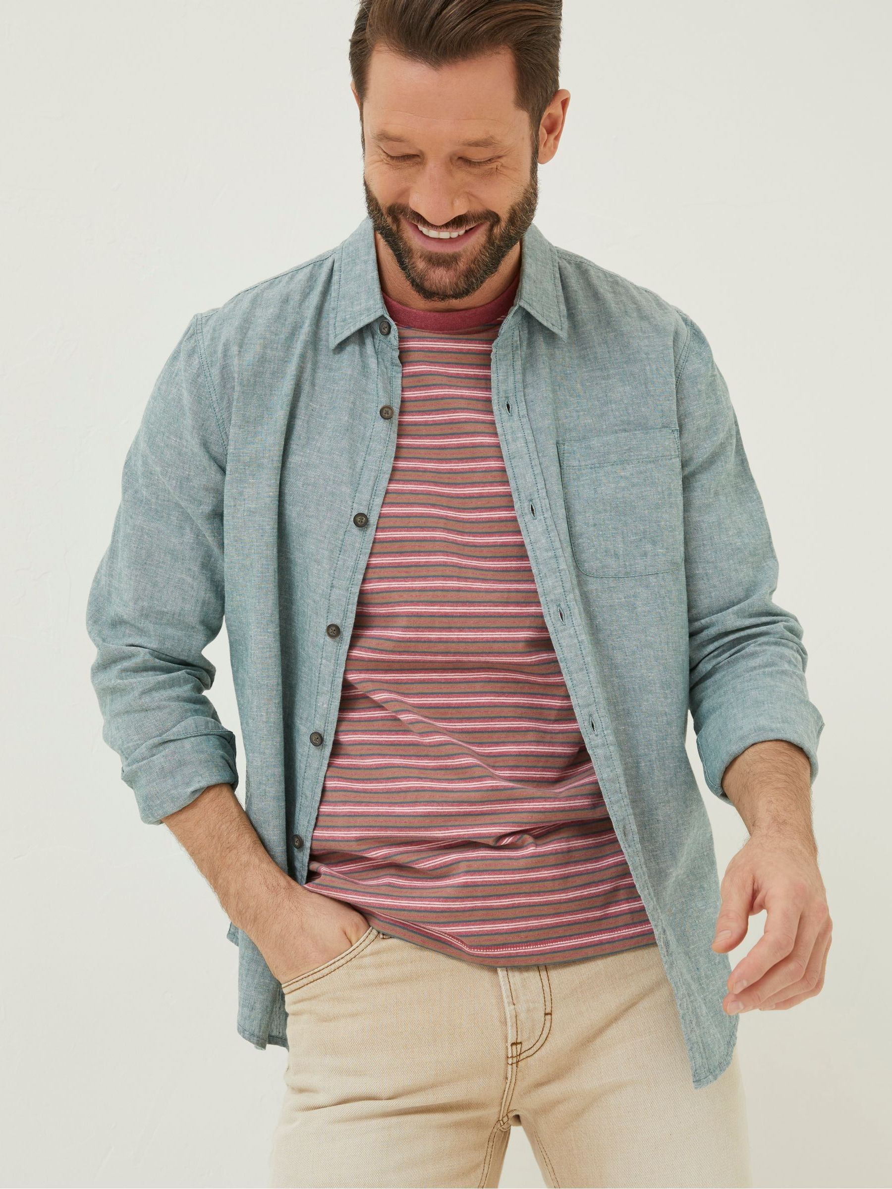 Green Long Sleeve Bugle Linen Cotton Shirt - Image 1 of 6 Green Long Sleeve Bugle Linen Cotton Shirt - Image 1 of 6