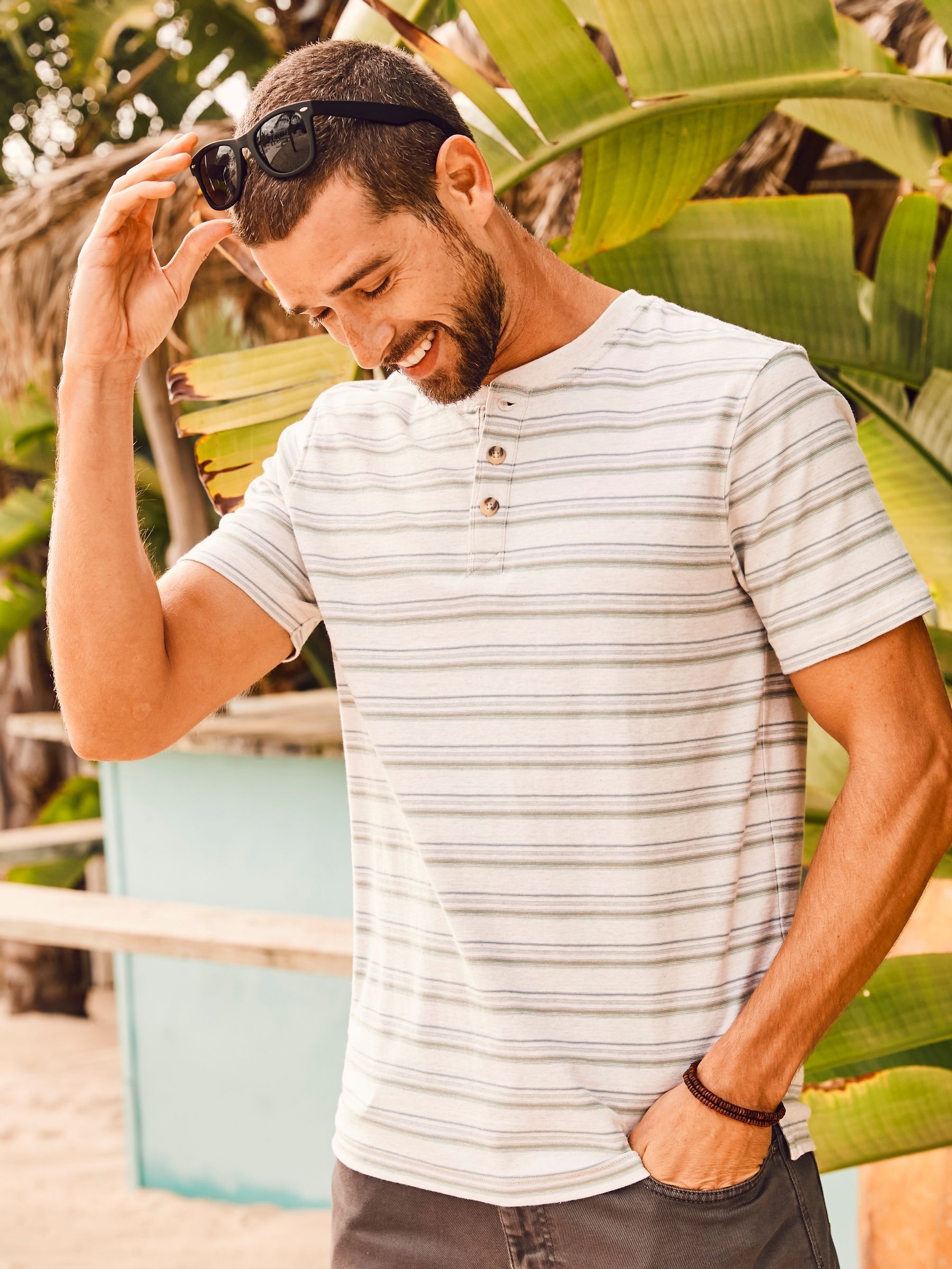 White Fine Stripe Henley T-Shirt - Image 2 of 6