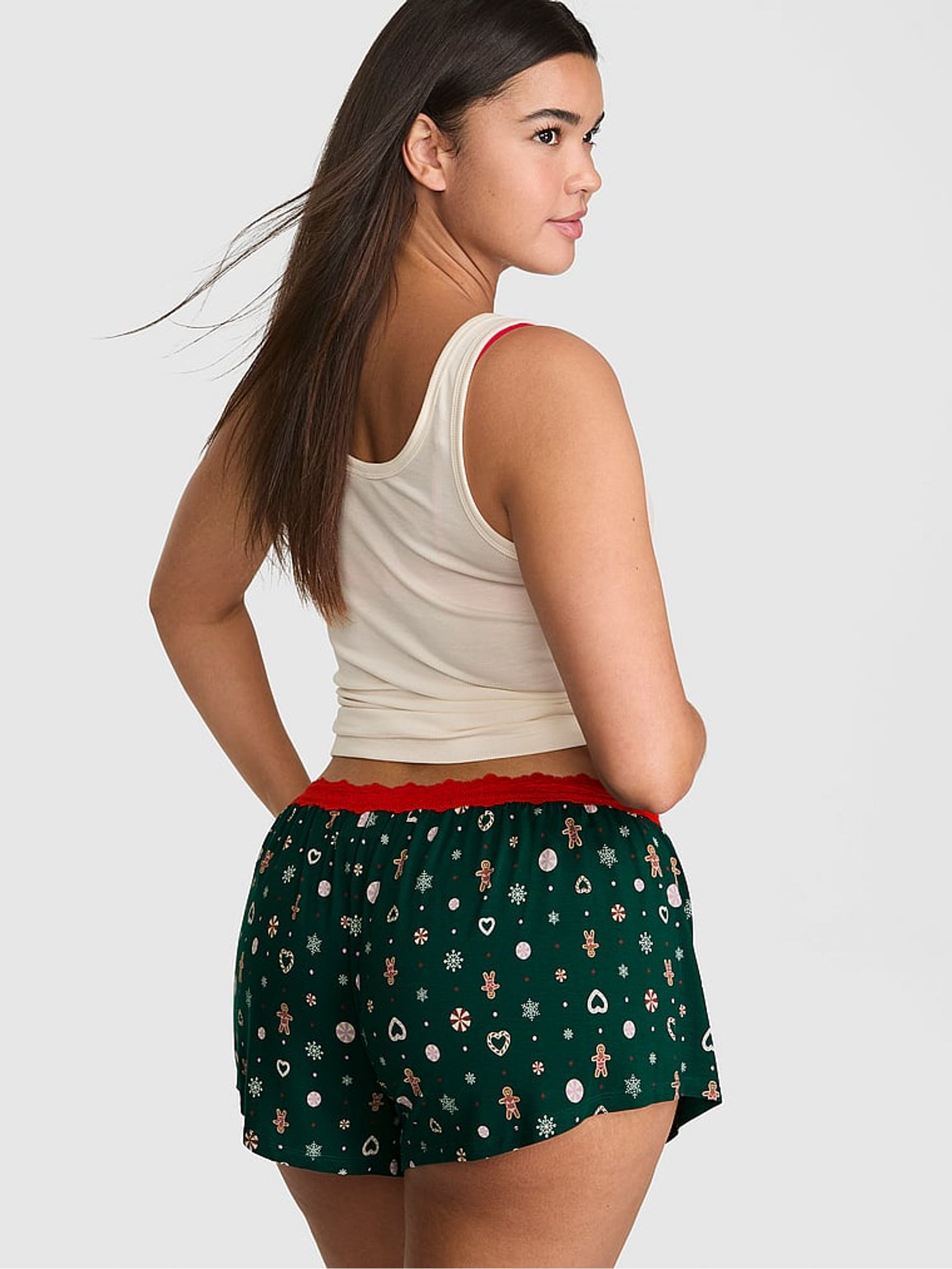 Dark Green Gingerbread Print Modal Lace Micro Short Pyjama Bottoms - Image 3 of 4