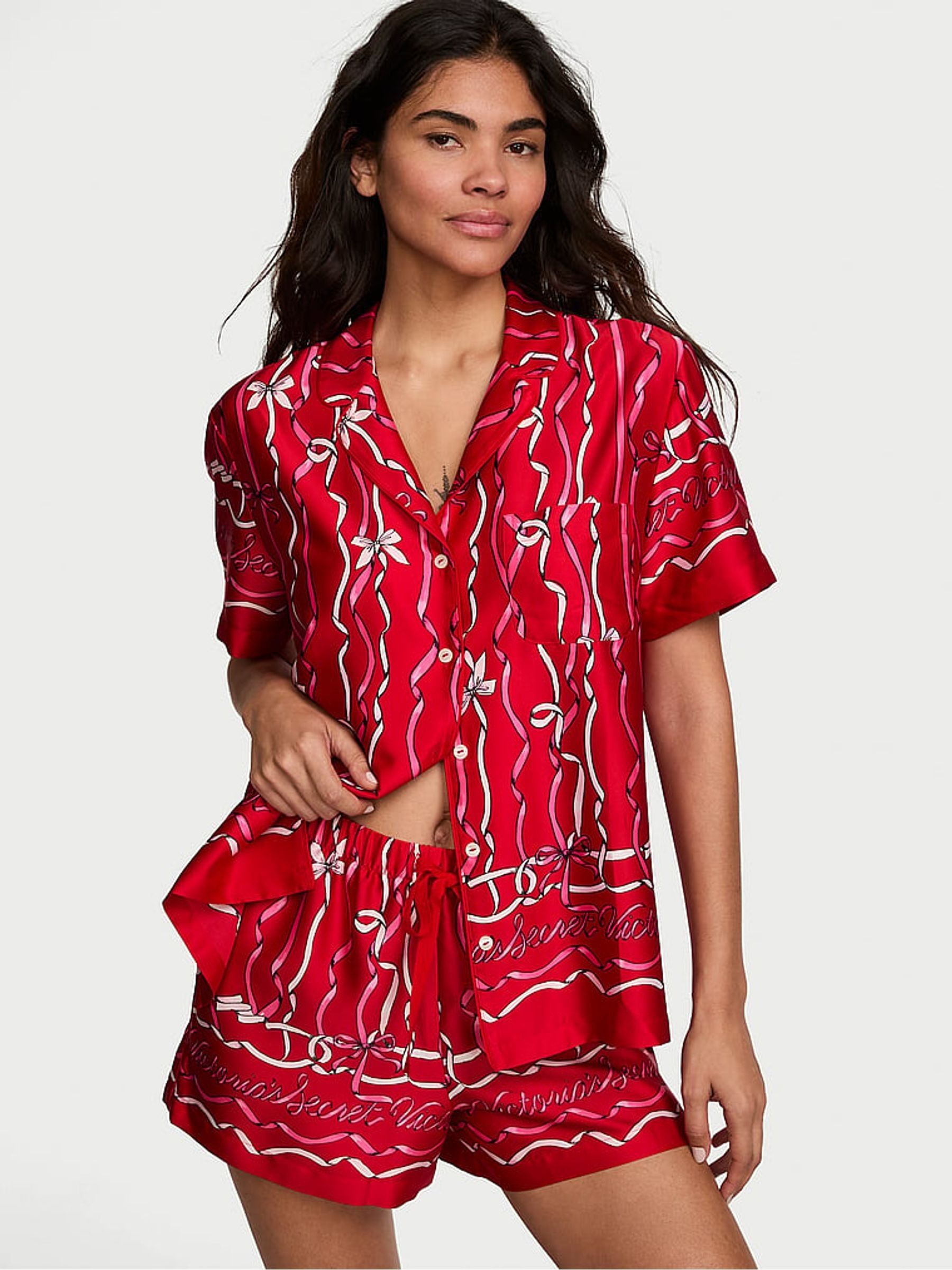 Lipstick Red Bow Ribbon Satin Short Pyjamas Set - Image 1 of 3