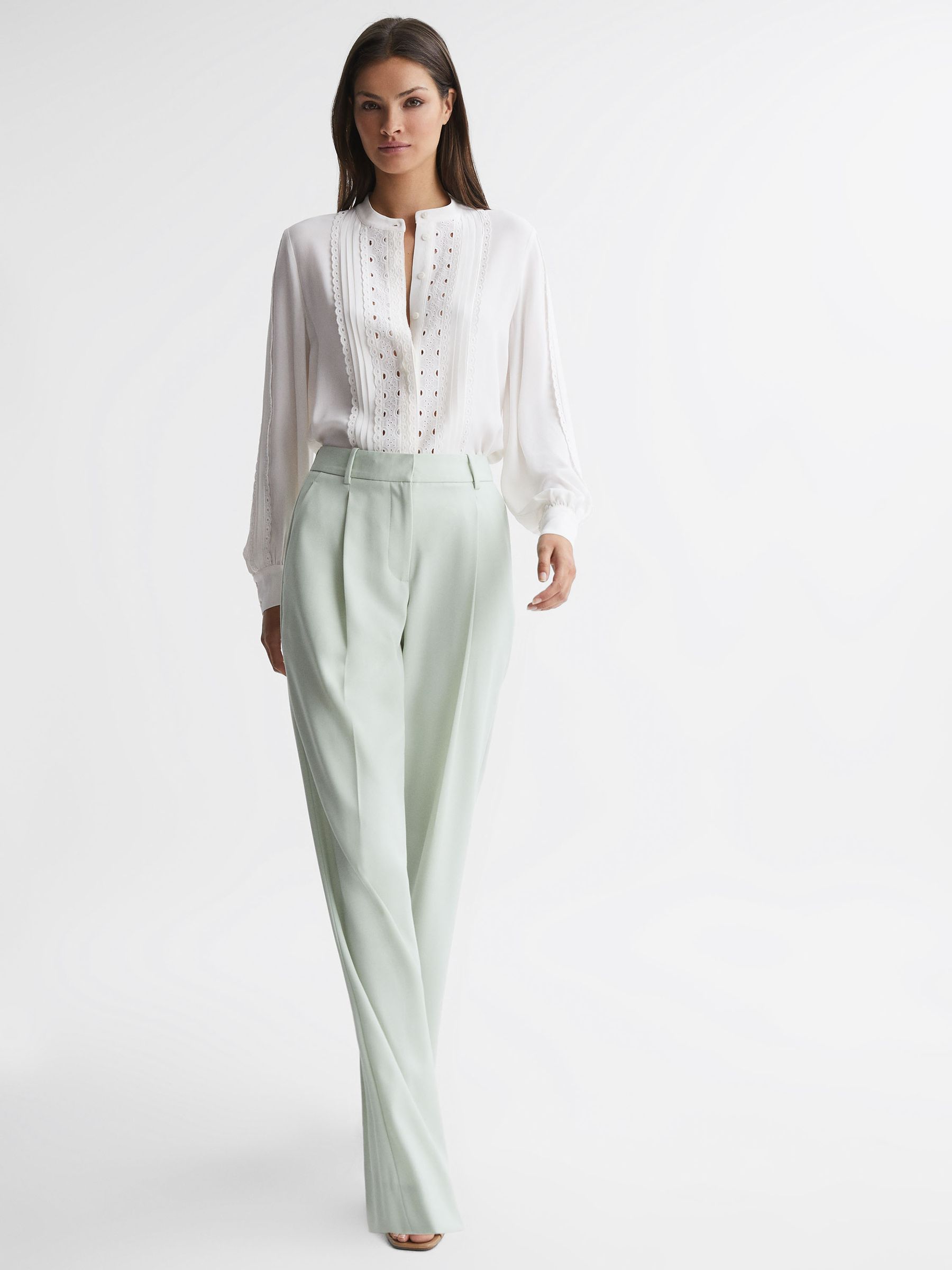 Collarless Long Sleeve Lace Blouse in Cream - Image 1 of 4