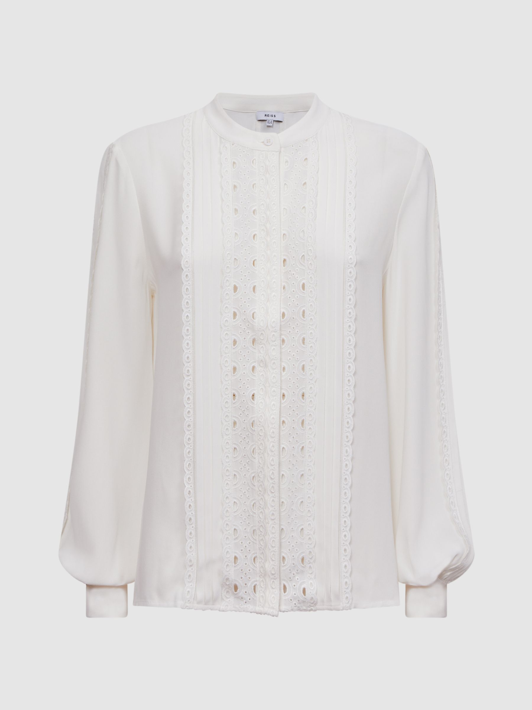 Collarless Long Sleeve Lace Blouse in Cream - Image 2 of 4