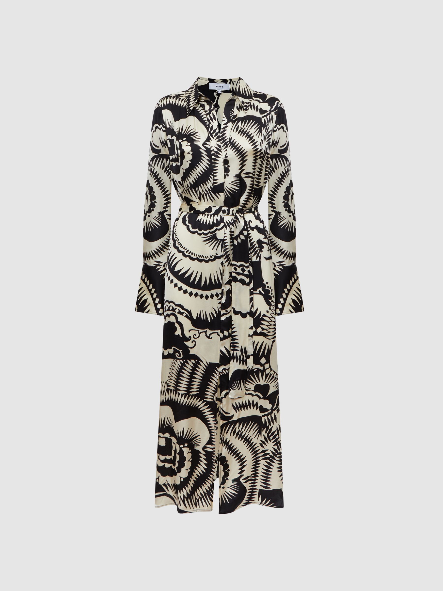 Printed Long Sleeve Midi Dress in Black/White - Image 2 of 5