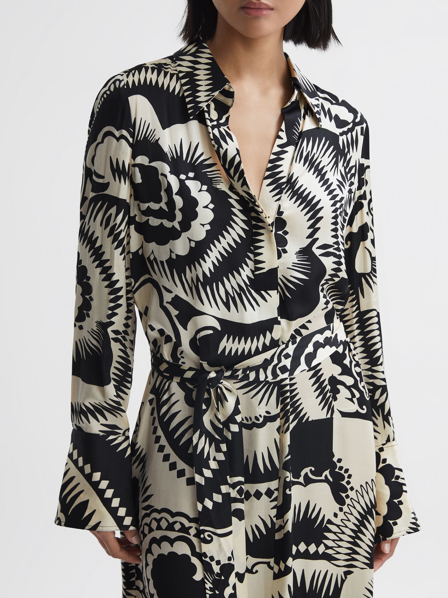 Reiss Printed Long Sleeve Midi Dress in Black/White | REISS Reiss Printed Long Sleeve Midi Dress in Black/White | REISS