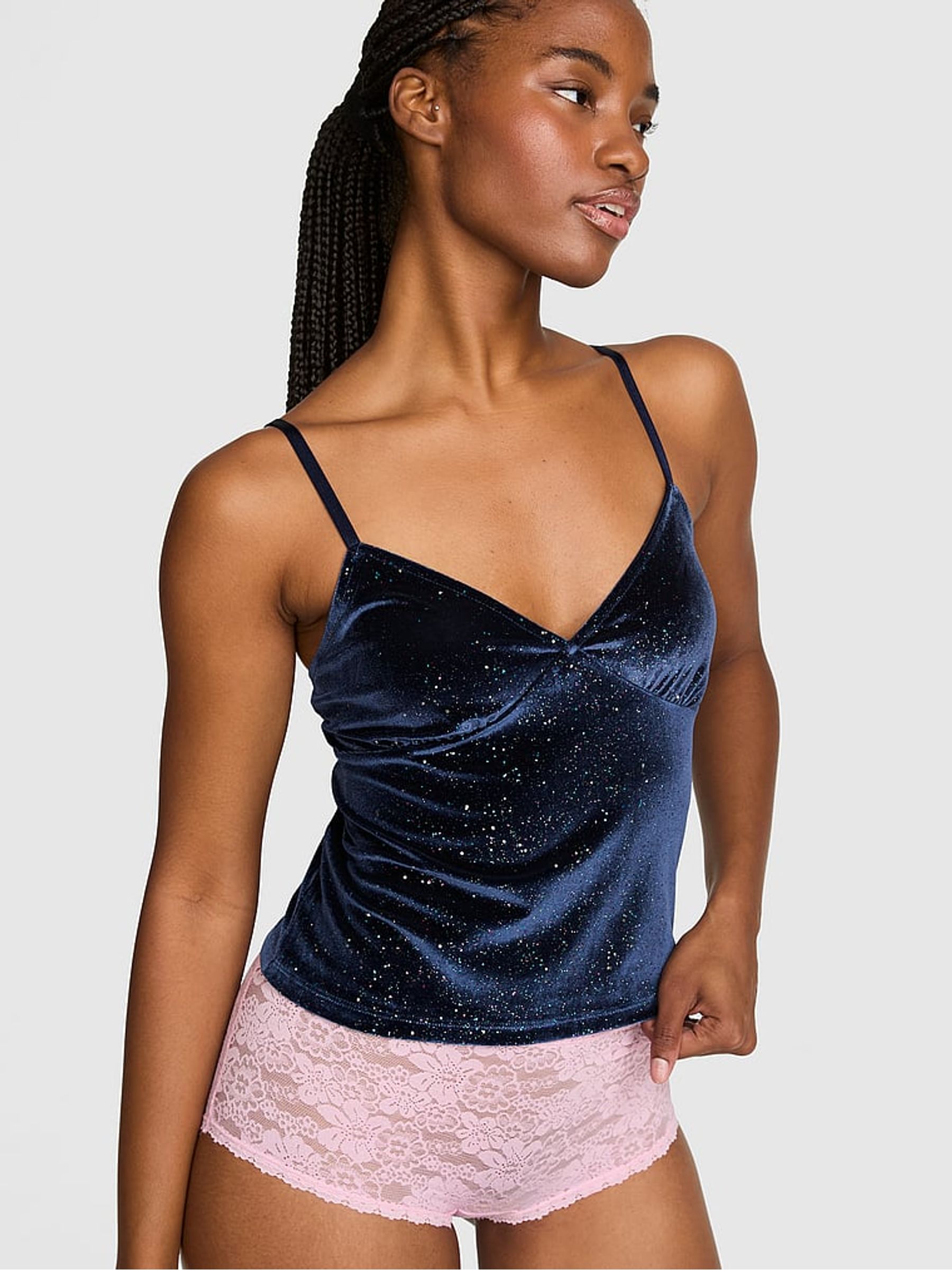 Navy Blue Velvet Confetti Cami Pyjama Top - Image 2 of 3