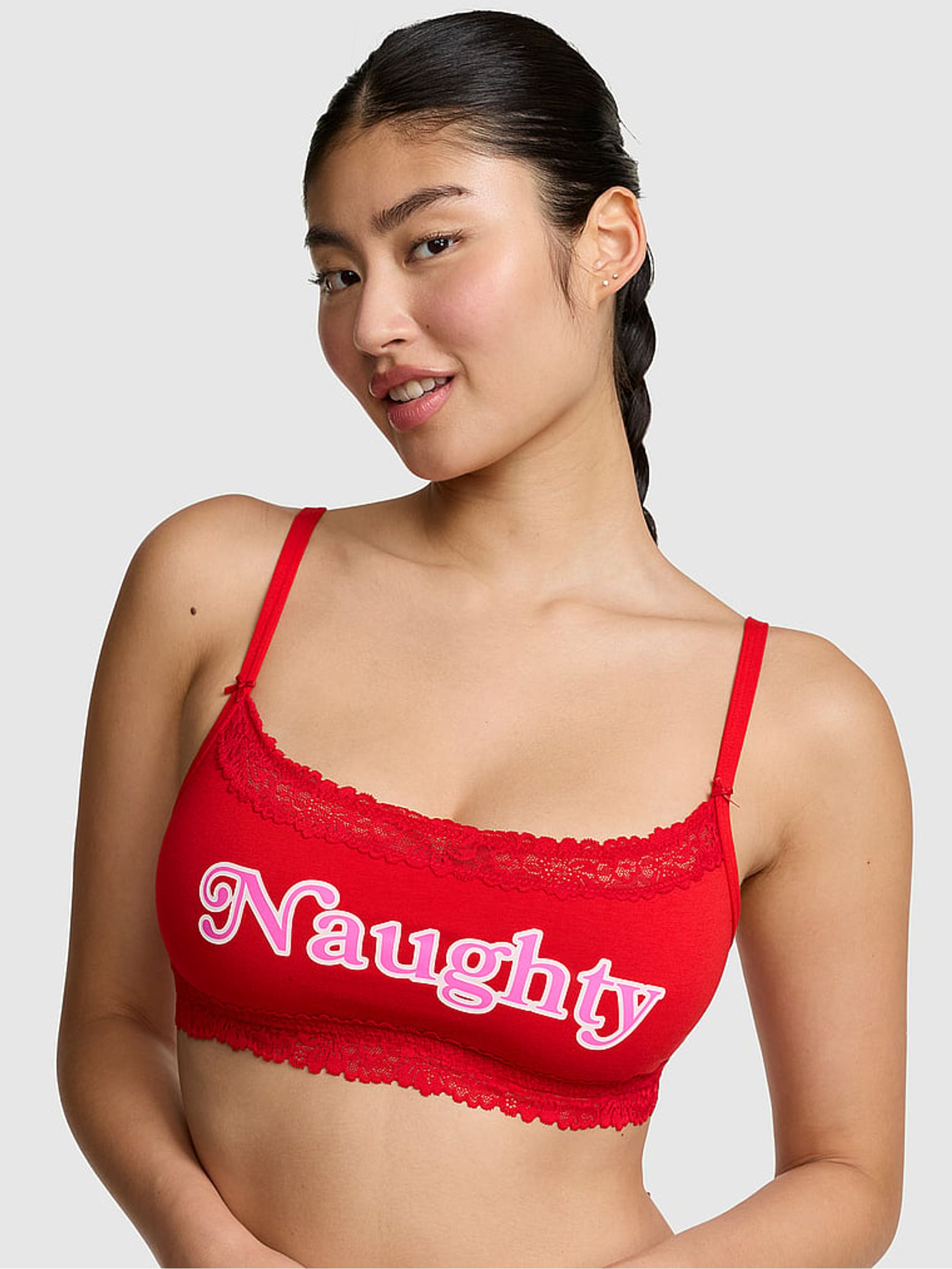 Bright Vermillion Red Scoop Cotton Lace Trim Bralette - Image 2 of 3