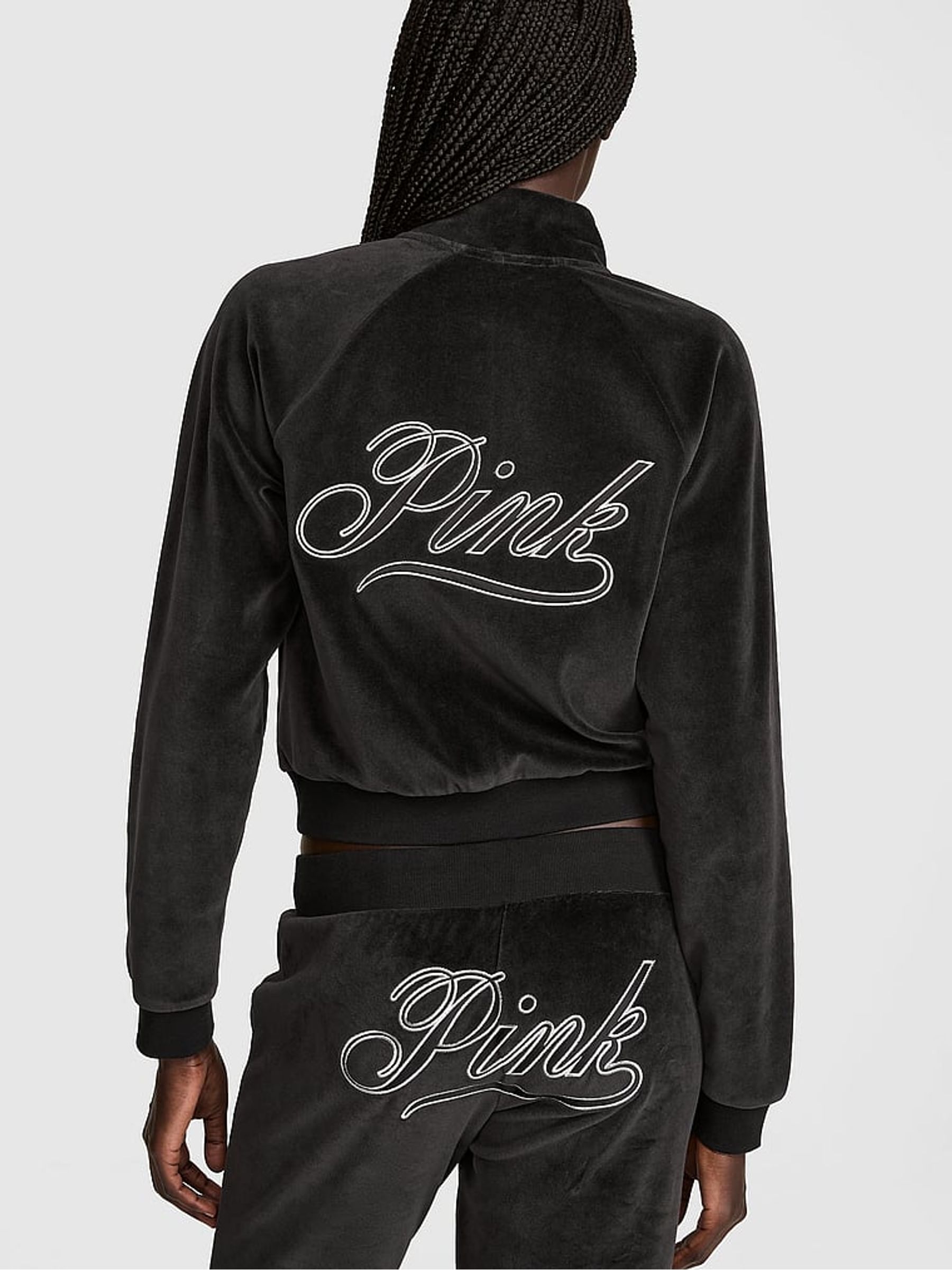 Black Velour Shrunken Mock Neck Full Zip Sweat Tops - Image 2 of 2