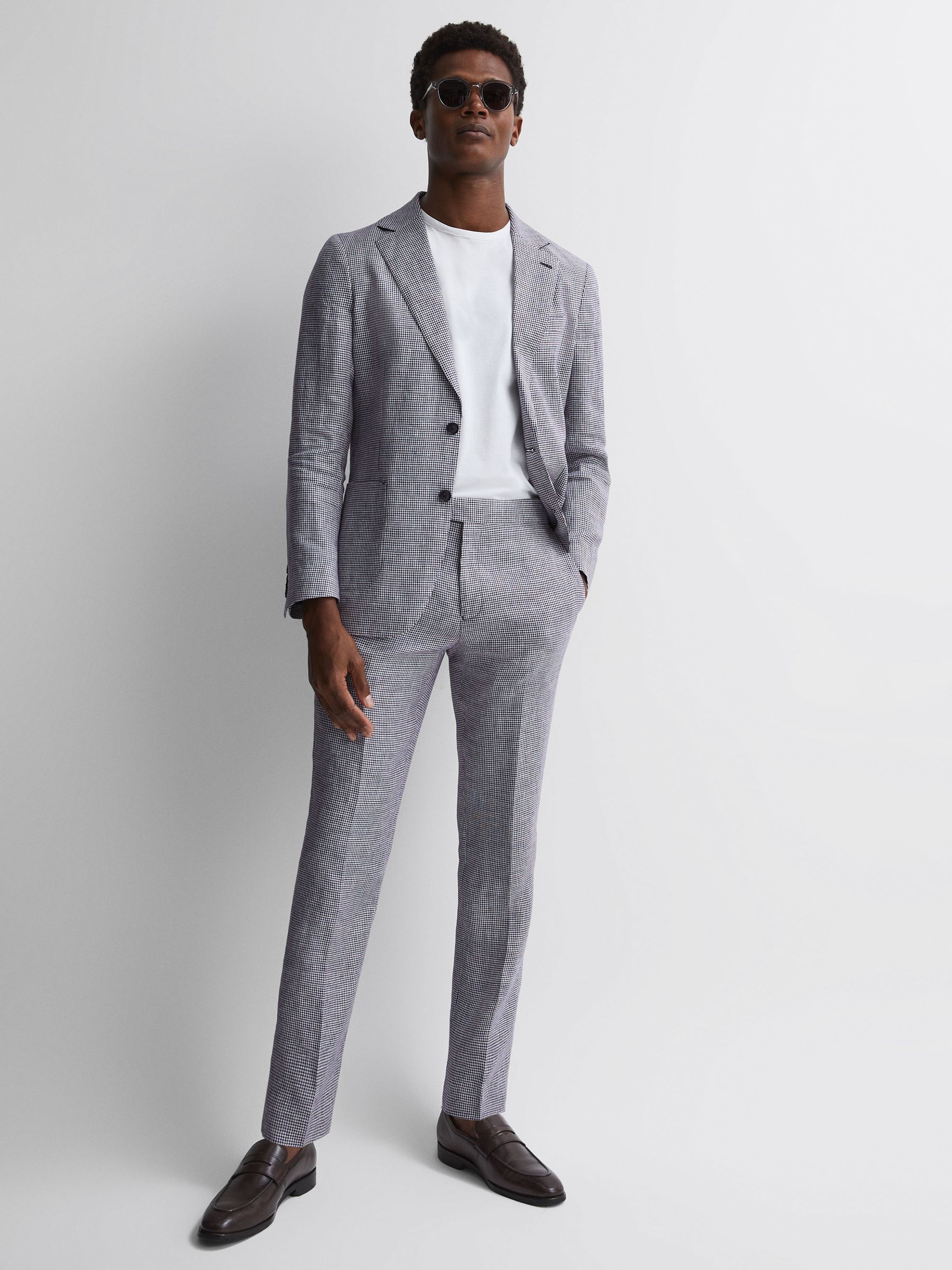 Squad Navy Linen Dogtooth Adjuster Regular Fit Trousers - Image 1 of 5