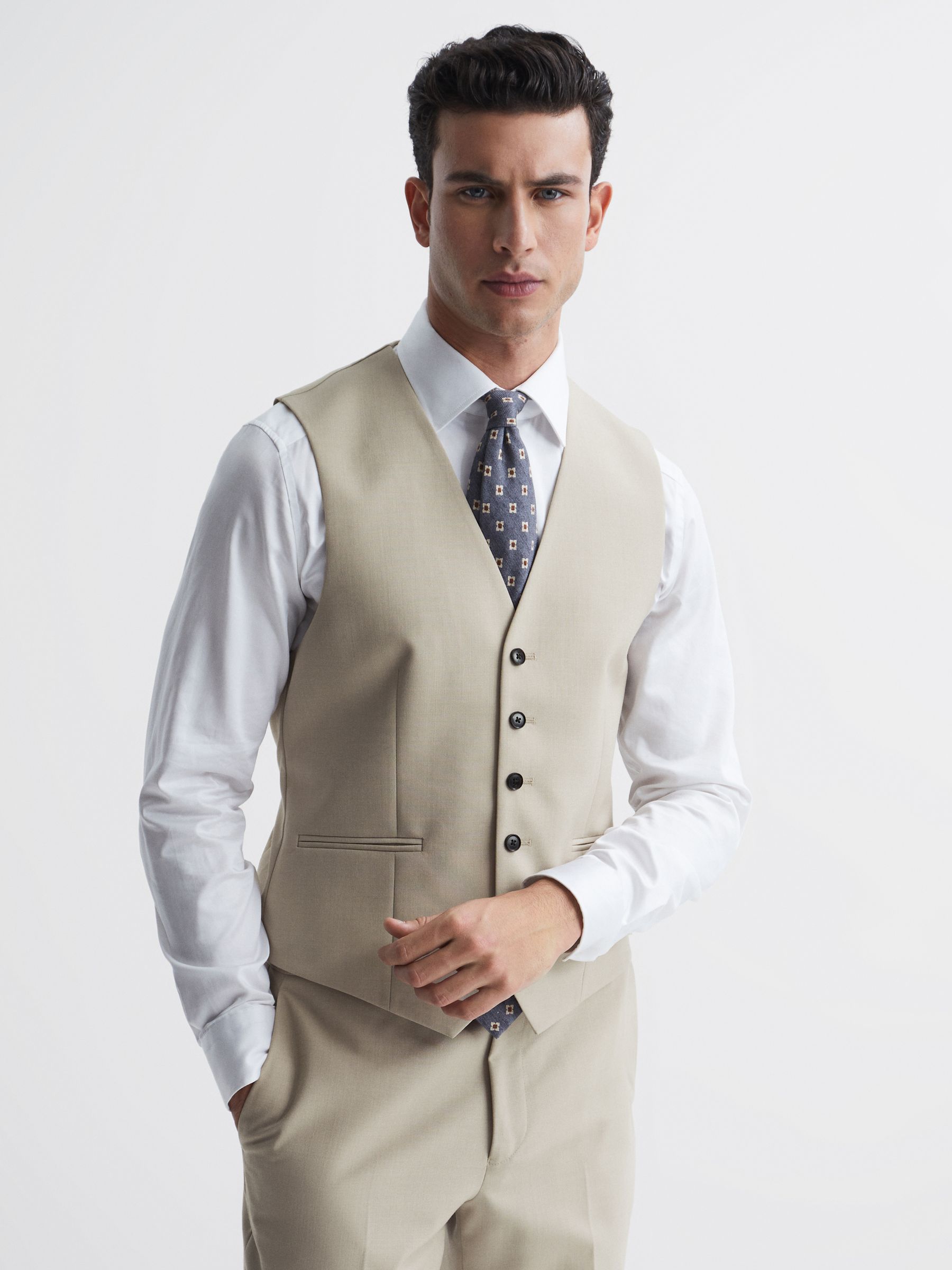 Classic Slim Fit Six Button Wool Waistcoat in Stone - Image 1 of 6