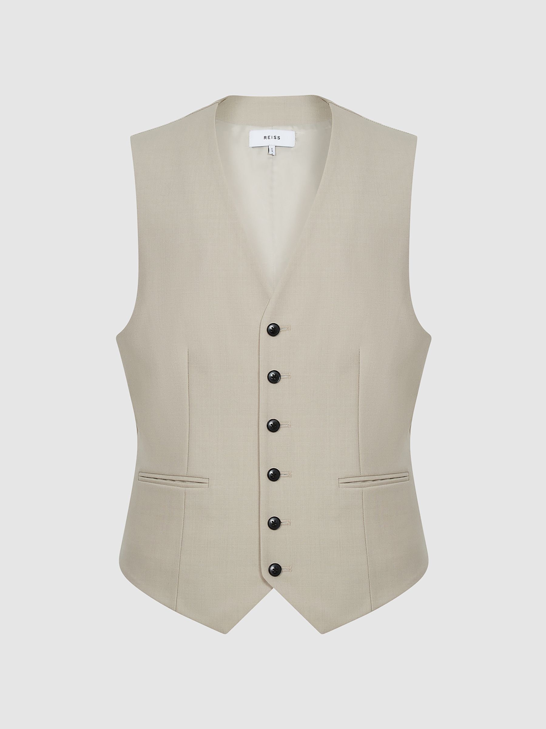 Classic Slim Fit Six Button Wool Waistcoat in Stone - Image 2 of 6
