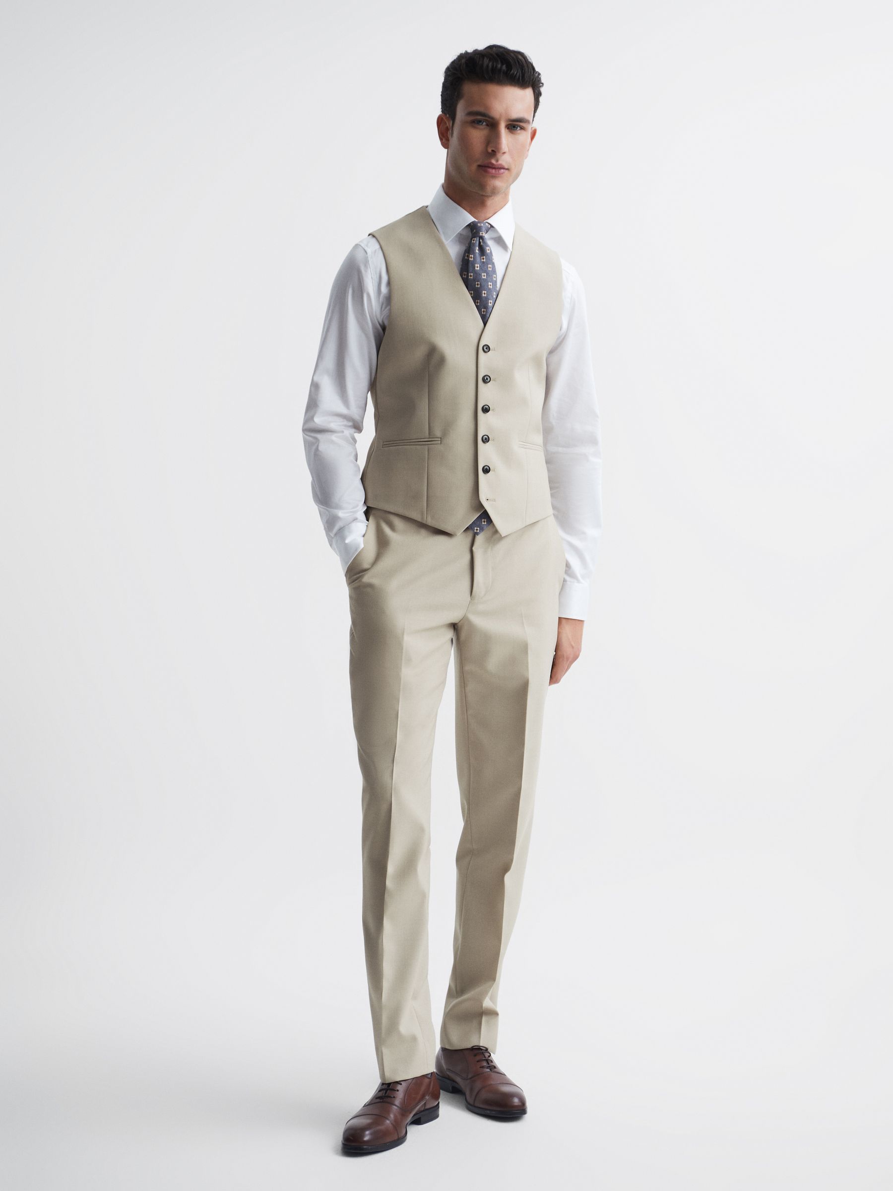 Classic Slim Fit Six Button Wool Waistcoat in Stone - Image 3 of 6