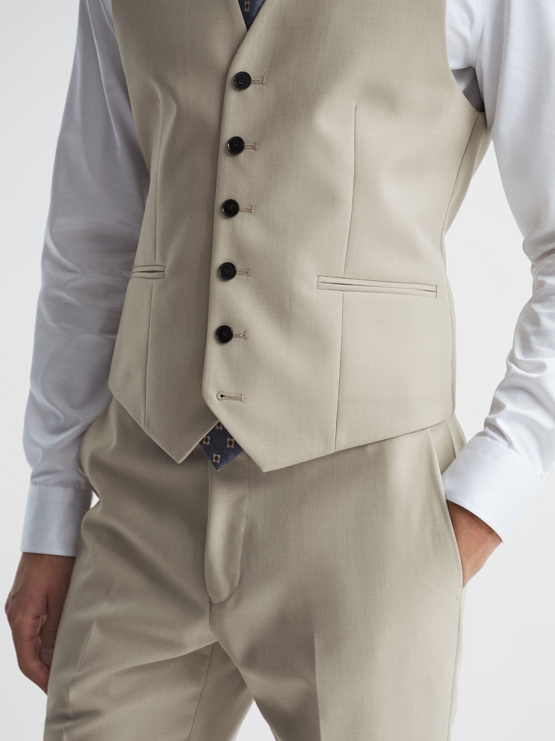 Classic Slim Fit Six Button Wool Waistcoat in Stone - Image 4 of 6