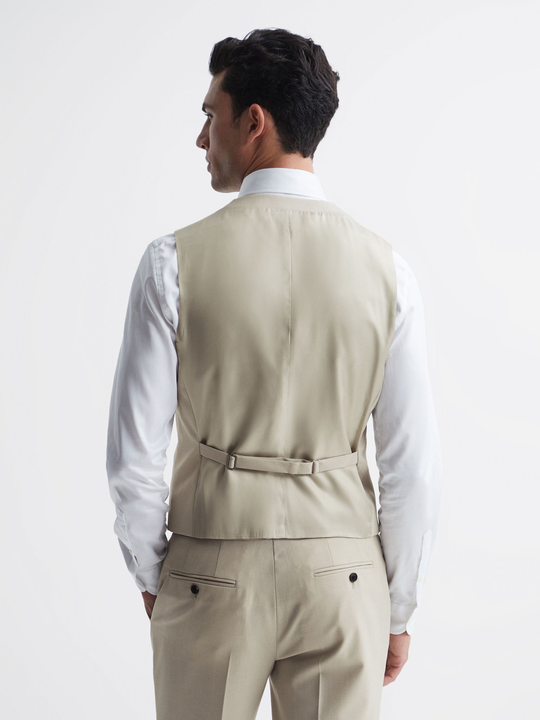 Classic Slim Fit Six Button Wool Waistcoat in Stone - Image 5 of 6