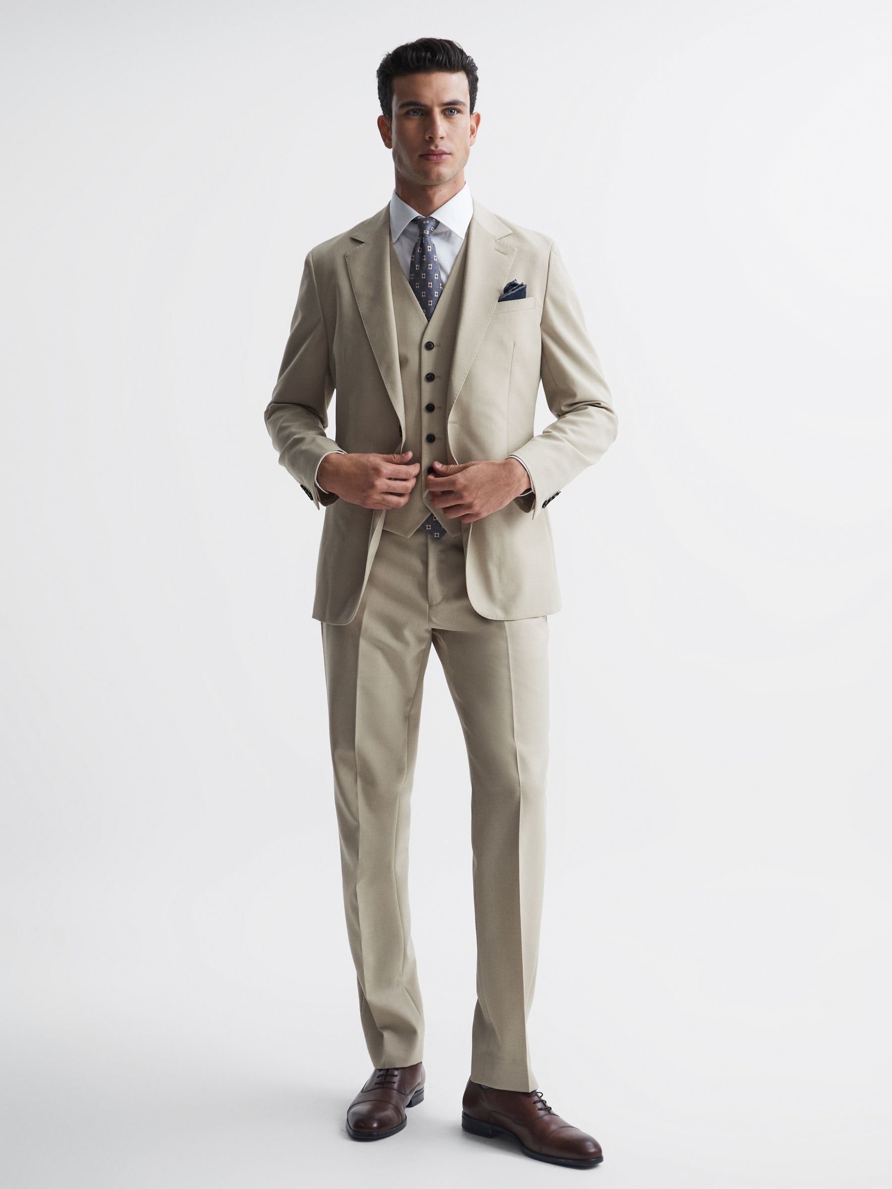 Classic Slim Fit Six Button Wool Waistcoat in Stone - Image 6 of 6