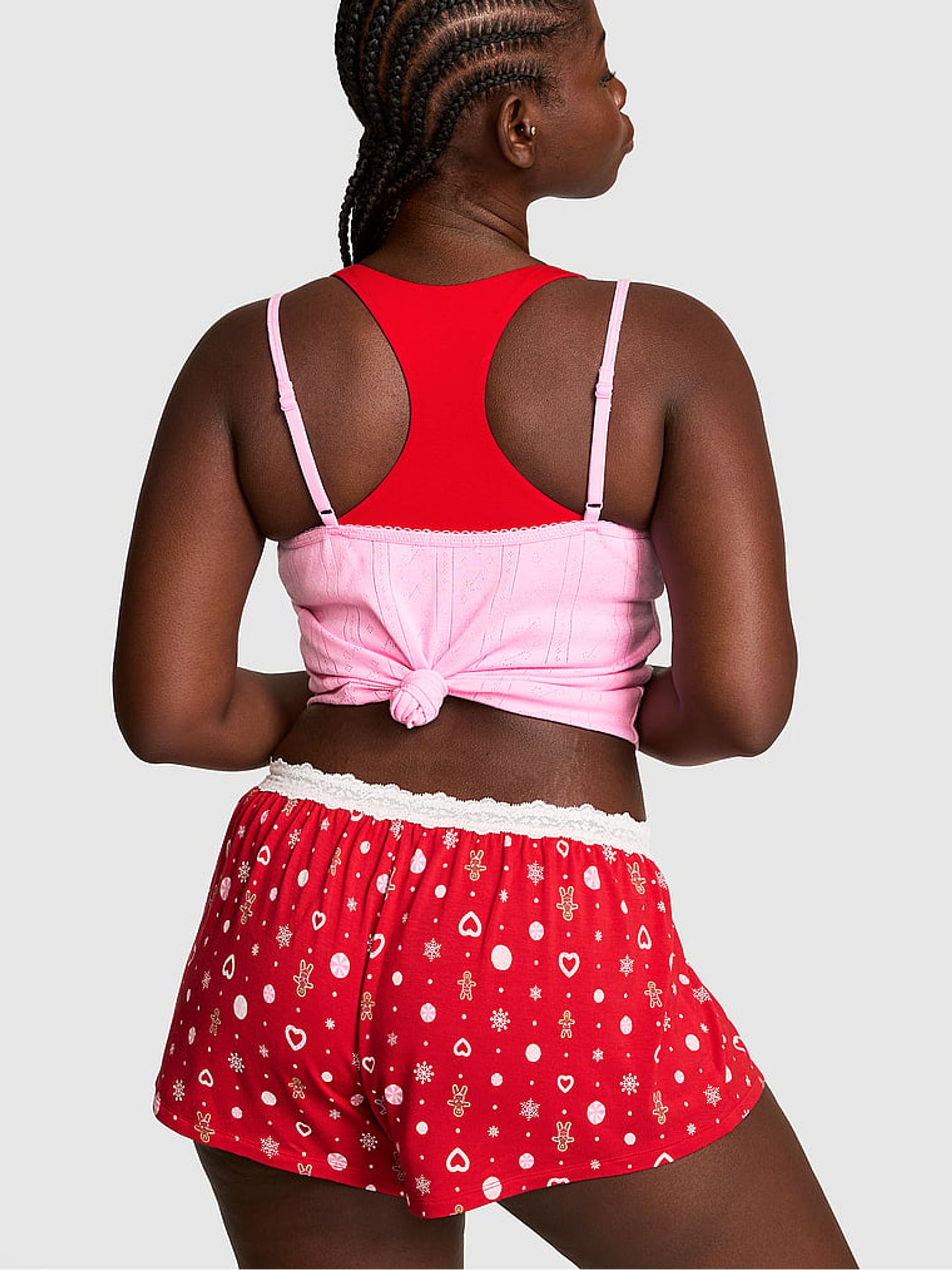 Bright Vermillion Red Gingerbread Print Modal Lace Micro Short Pyjama Bottoms - Image 3 of 4