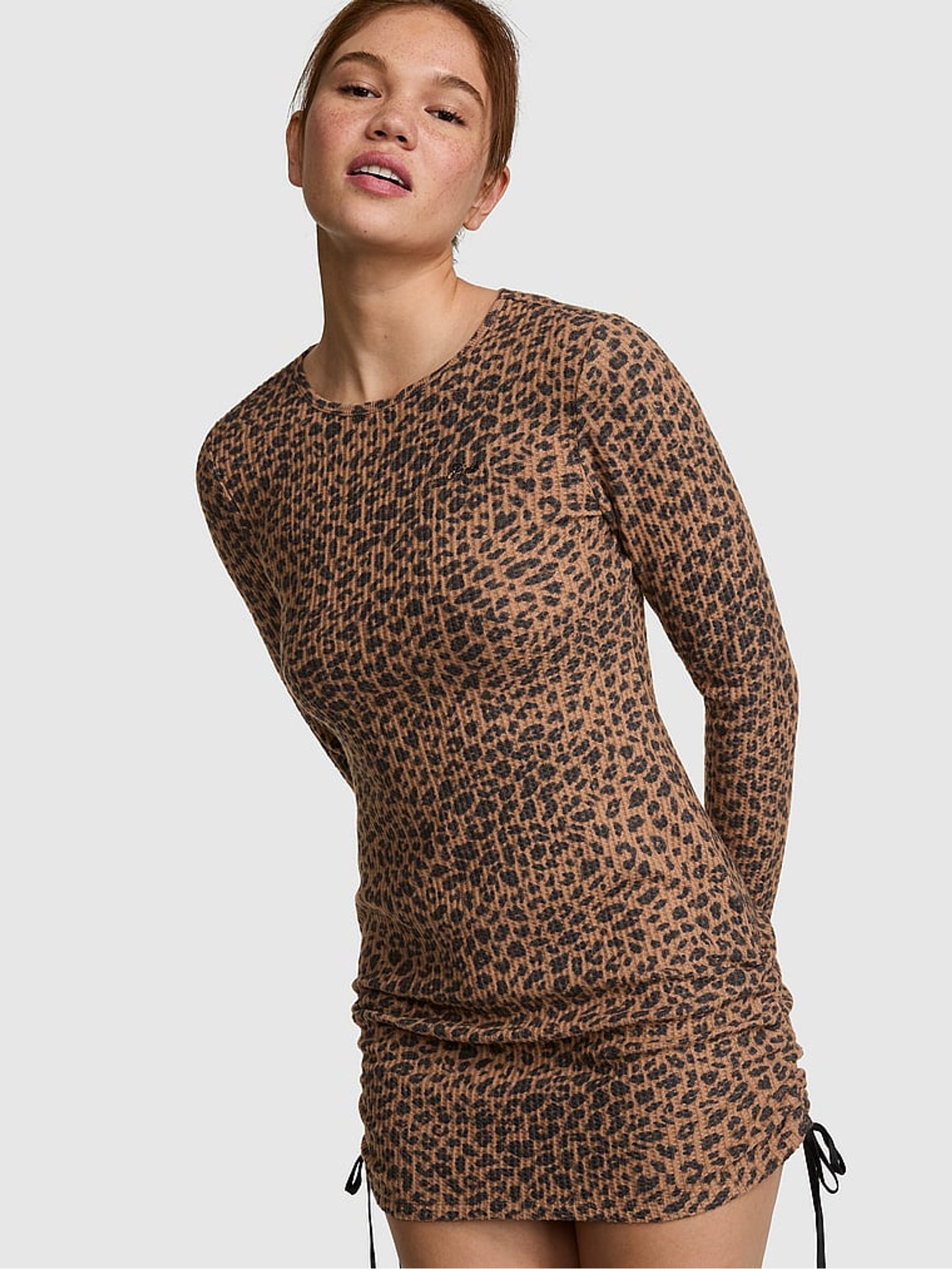 Brown Leopard Waffle Sleep Dress - Image 1 of 2 Brown Leopard Waffle Sleep Dress - Image 1 of 2