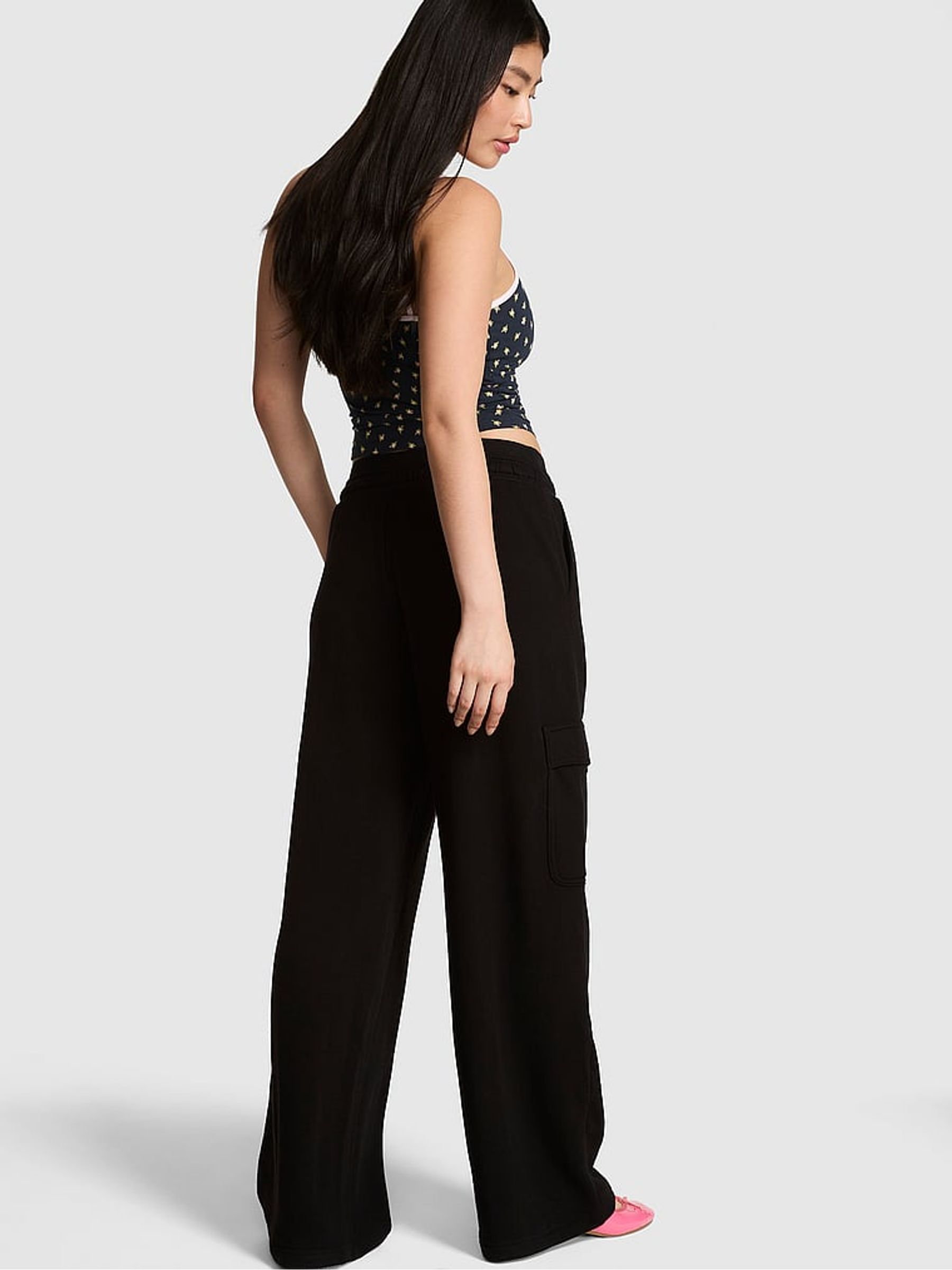 Black Wide Leg Fleece Cargo Joggers - Image 2 of 2