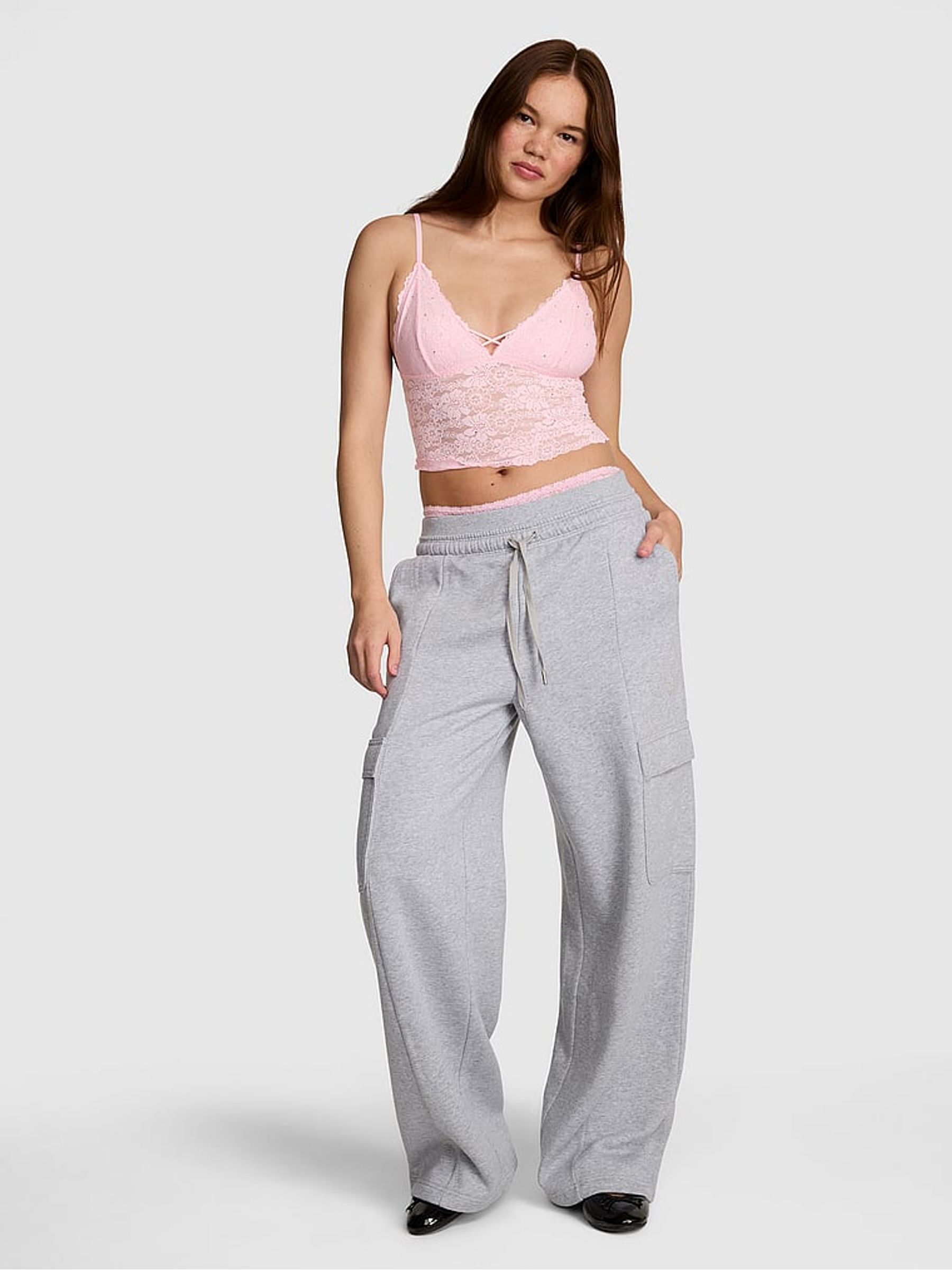 Medium Heather Grey Wide Leg Fleece Cargo Joggers - Image 1 of 2 Medium Heather Grey Wide Leg Fleece Cargo Joggers - Image 1 of 2