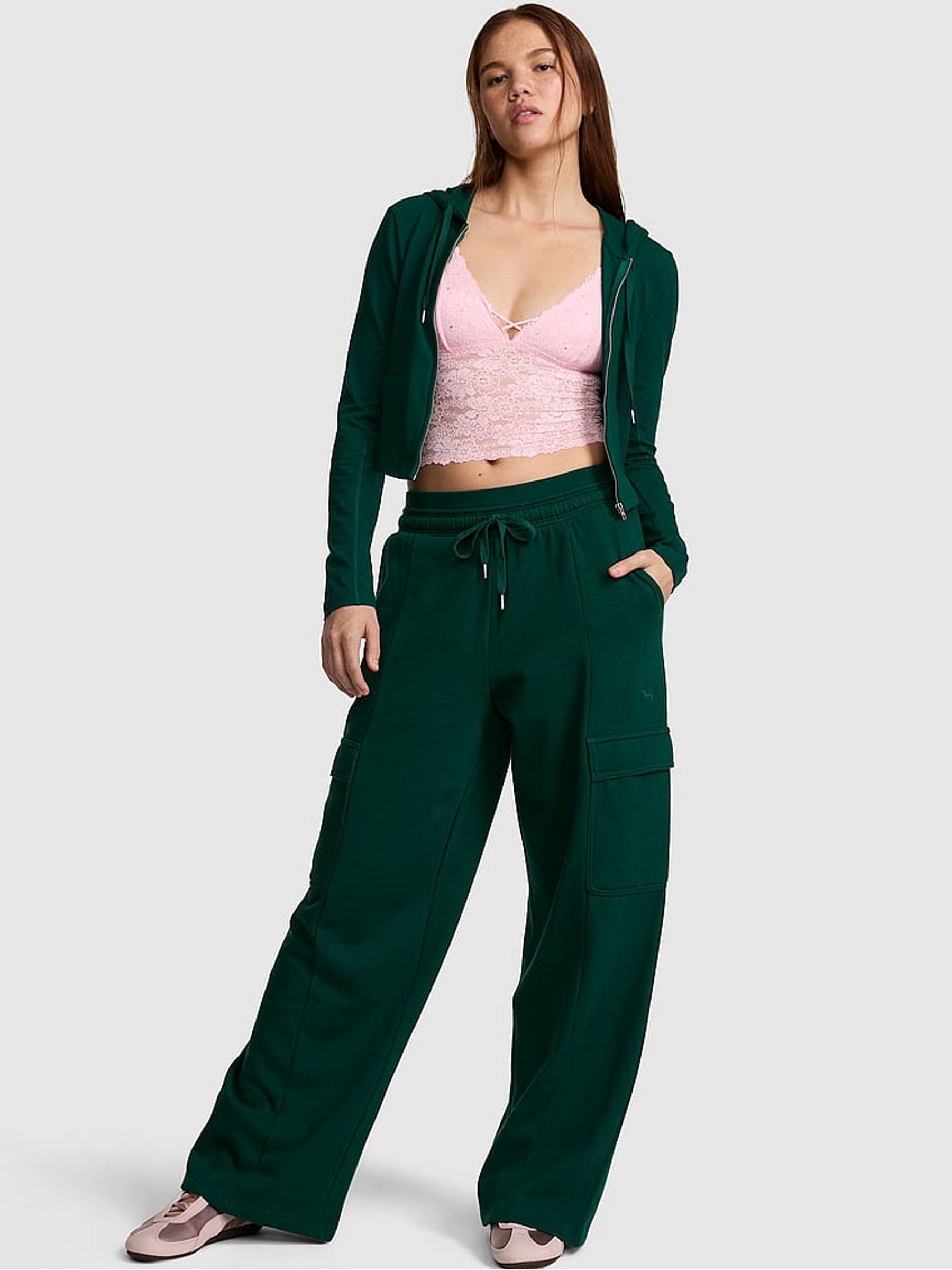 Dark Garden Green Wide Leg Fleece Cargo Joggers - Image 1 of 2 Dark Garden Green Wide Leg Fleece Cargo Joggers - Image 1 of 2