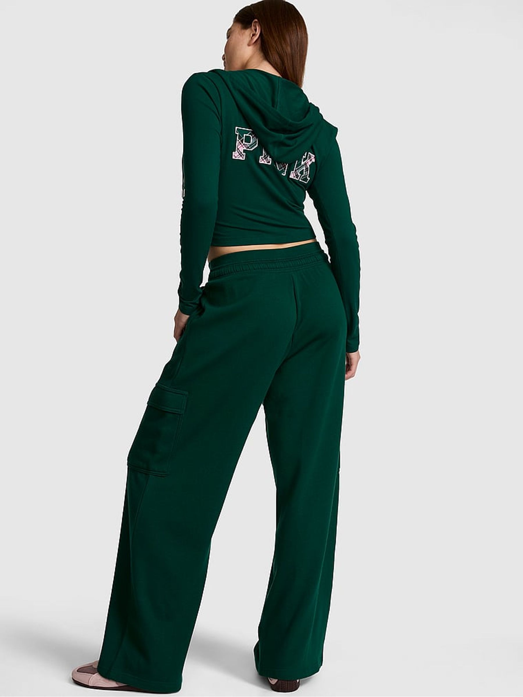 Dark Garden Green Wide Leg Fleece Cargo Joggers - Image 2 of 2