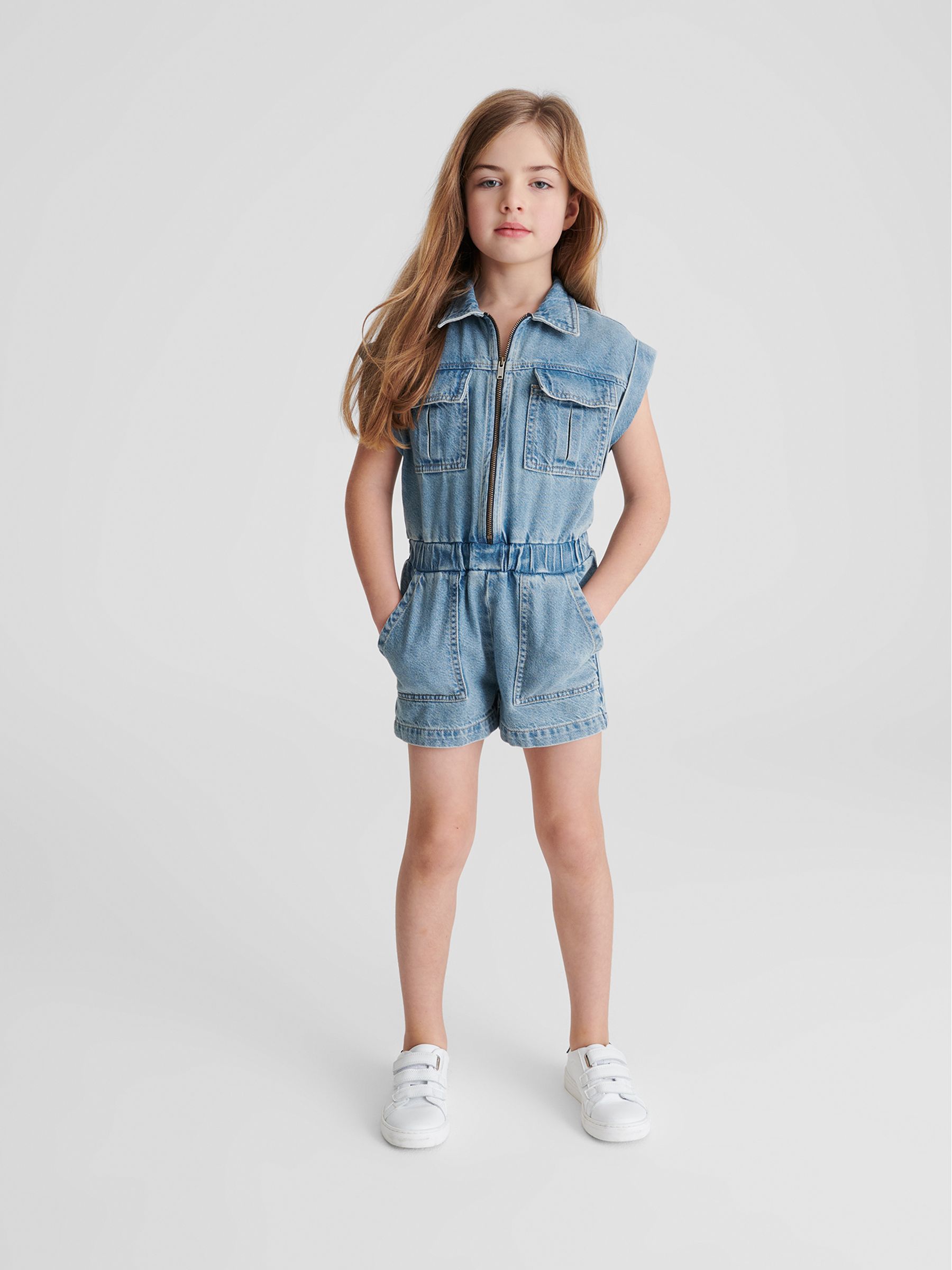 Denim Playsuit in Mid Blue - Image 1 of 6